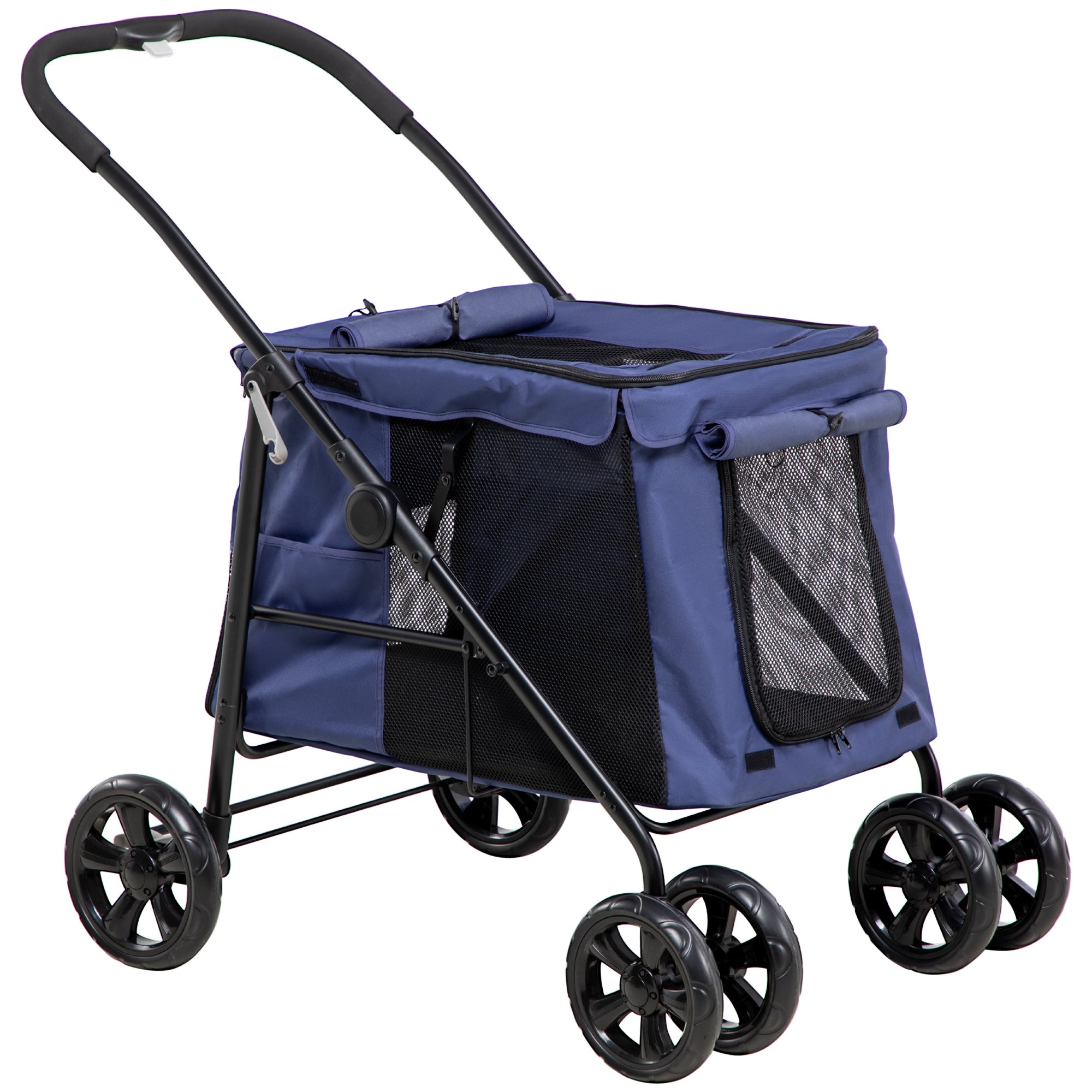 PawHut One-Click Foldable Dog Pushchair w/ EVA Wheels, Storage Bags, Mesh Windows, Doors, Safety Leash, Cushion, for Small Pets - Dark Blue