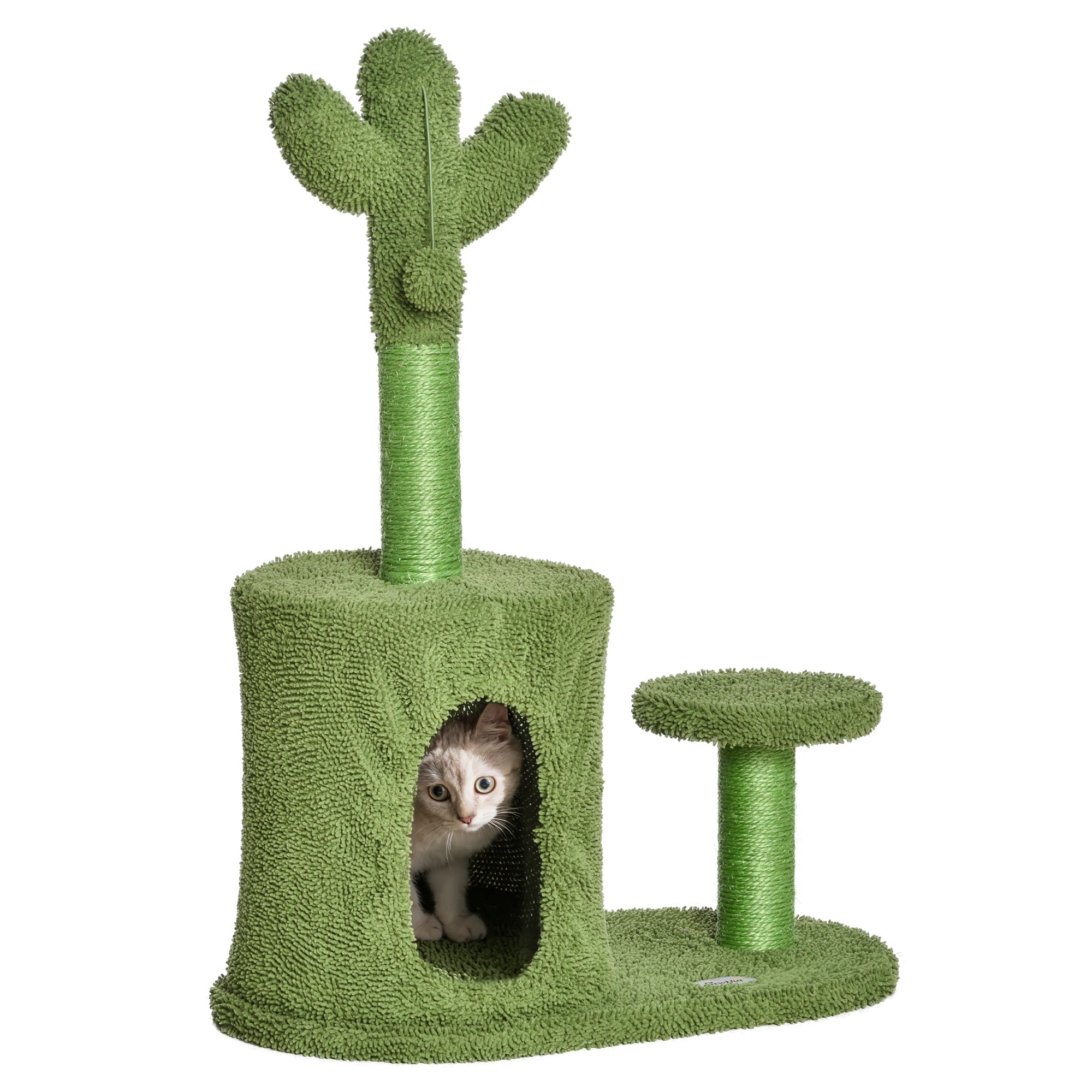 PawHut Cat Tree Tower Cactus Shape with Scratching Post Condo Perch Dangling Ball Kitten Toy Play House Activity Center