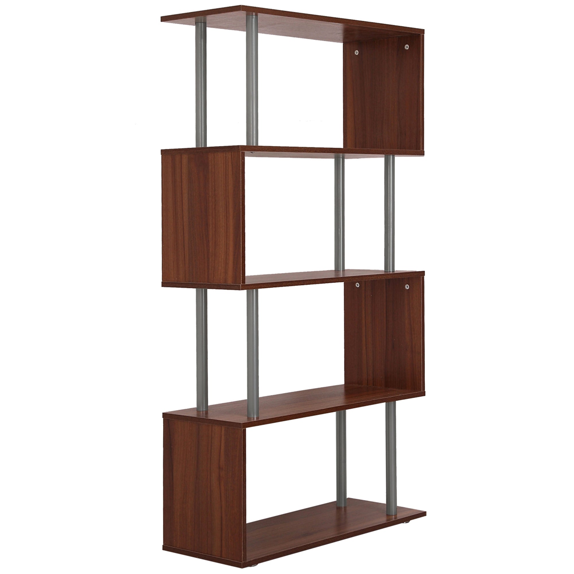 HOMCOM 4-Tires Wooden Bookcase S Shape Storage Bookshelf Display for Living Room, Bedroom, Office with Steel Frame, Walnut