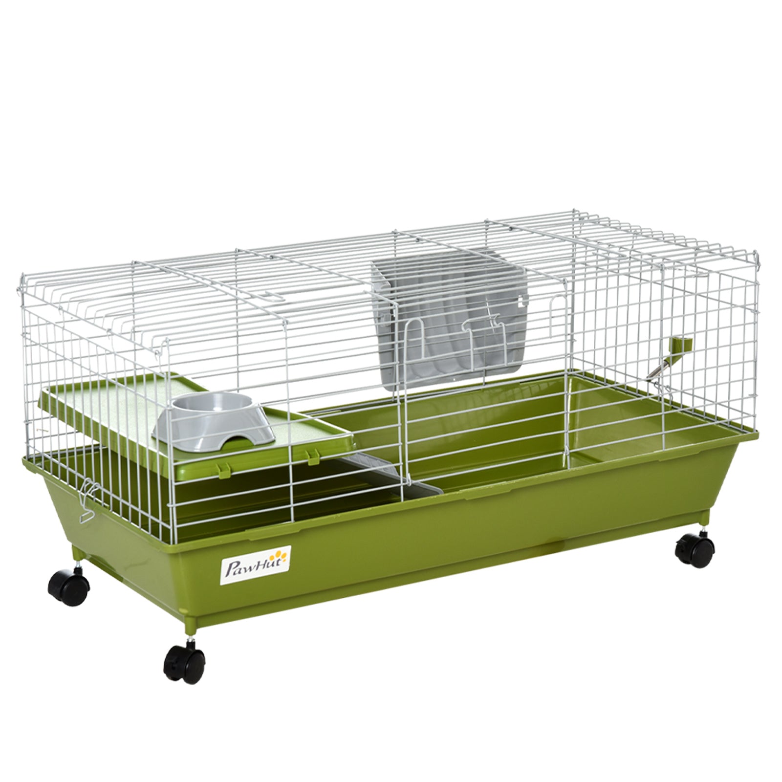 PawHut Small Animal Cage, 35" Chinchilla Guinea Pig Hutch, Includes Platform, Ramp, Dish, Wheels, Water Bottle