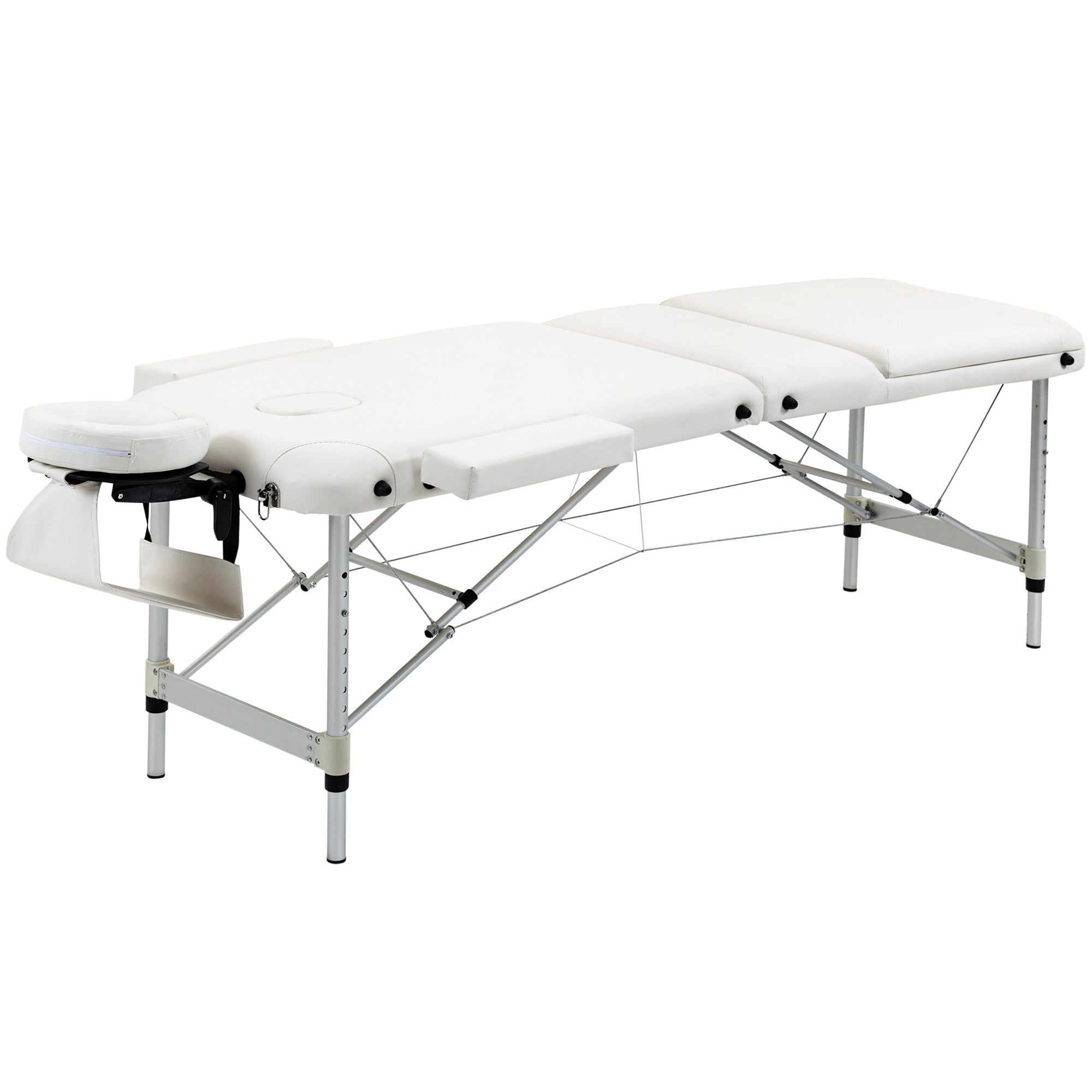 HOMCOM Folding PVC Leather Massage Table Aluminium Frame w/ Headrest Armrests Padding Handle Carry Bag Adjustable Height 3-Way Tri-Fold White