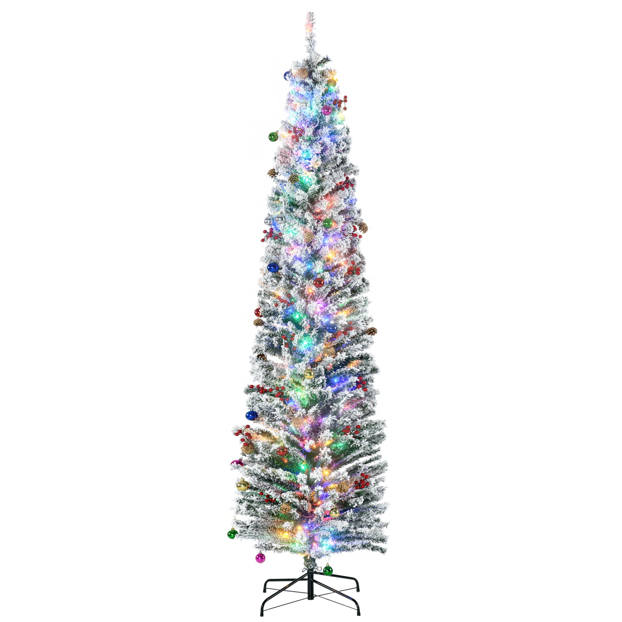 HOMCOM 7.5' Artificial Prelit Christmas Trees Holiday Décor with Warm White LED Lights, Flocked Tips, Berry, Pine Cone