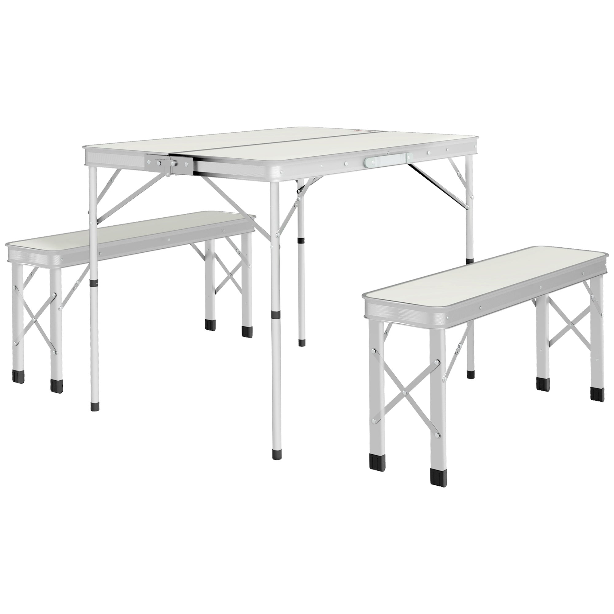 Outsunny Picnic Table Set, Foldable Camping Aluminium Table with 2 Benches, Lightweight for Garden, Party, BBQ, Silver