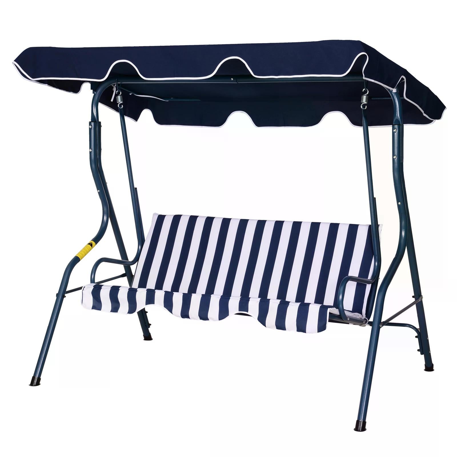 Outsunny Outdoor 3-Seater Swing Chair with Adjustable Canopy & Durable Metal Frame, Blue Stripes