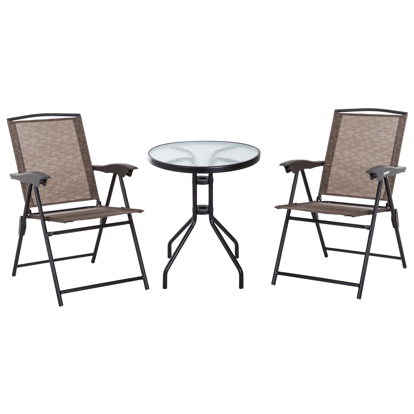 Outsunny 3 Piece Patio Furniture Garden Bistro Set Outdoor 2 Folding Chairs 1 Tempered Glass Table  Adjustable Backrest Metal - Brown