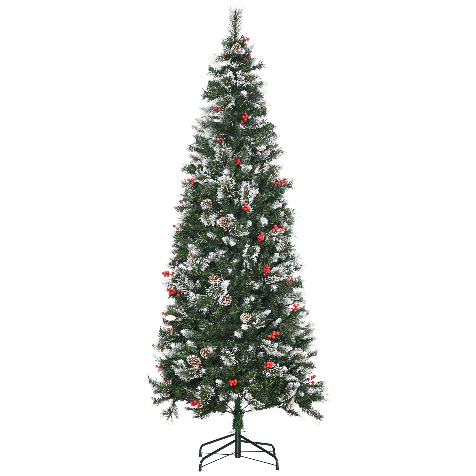 HOMCOM 7 Foot Snow Dipped Artificial Christmas Tree Slim Pencil Xmas Tree with 738 Realistic Branches, Pine Cones, Red Berries, Auto Open, Green