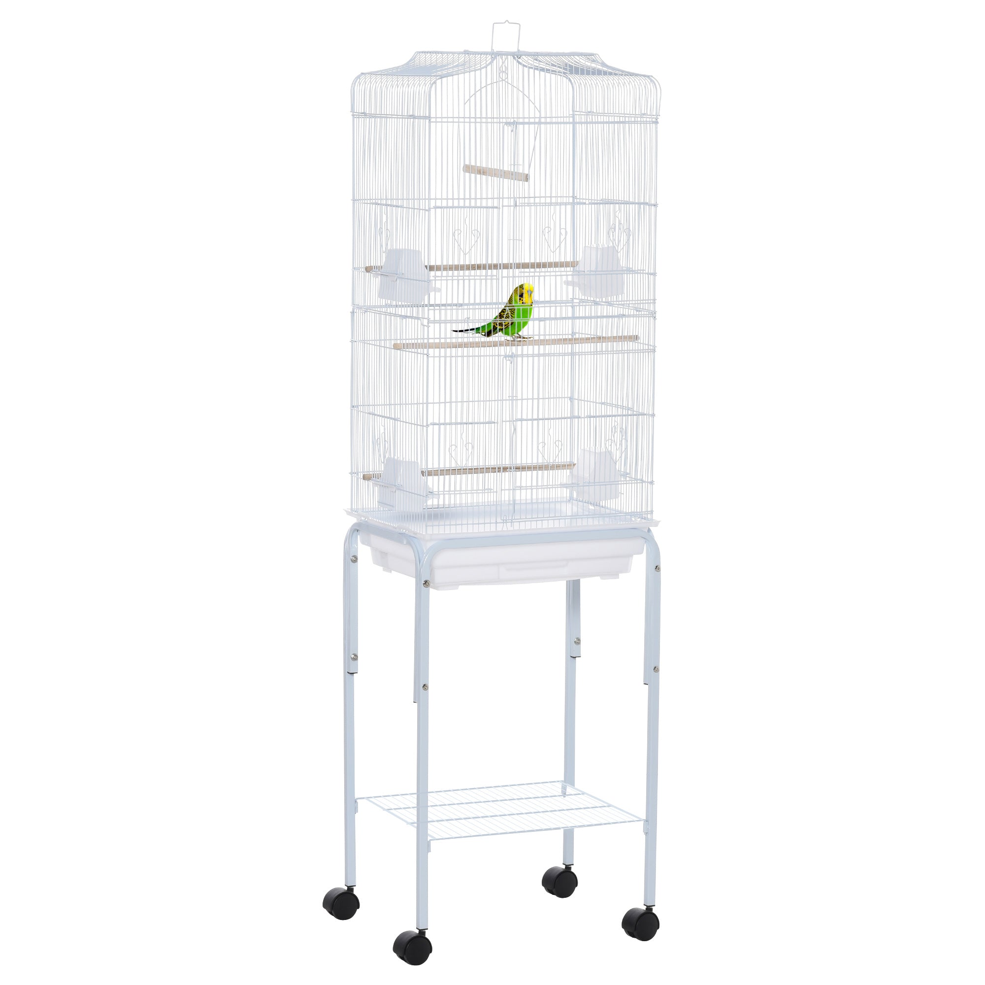 PawHut Metal Parrot Cage: Spacious Abode with Breeding Stand & Wheels, Snow White