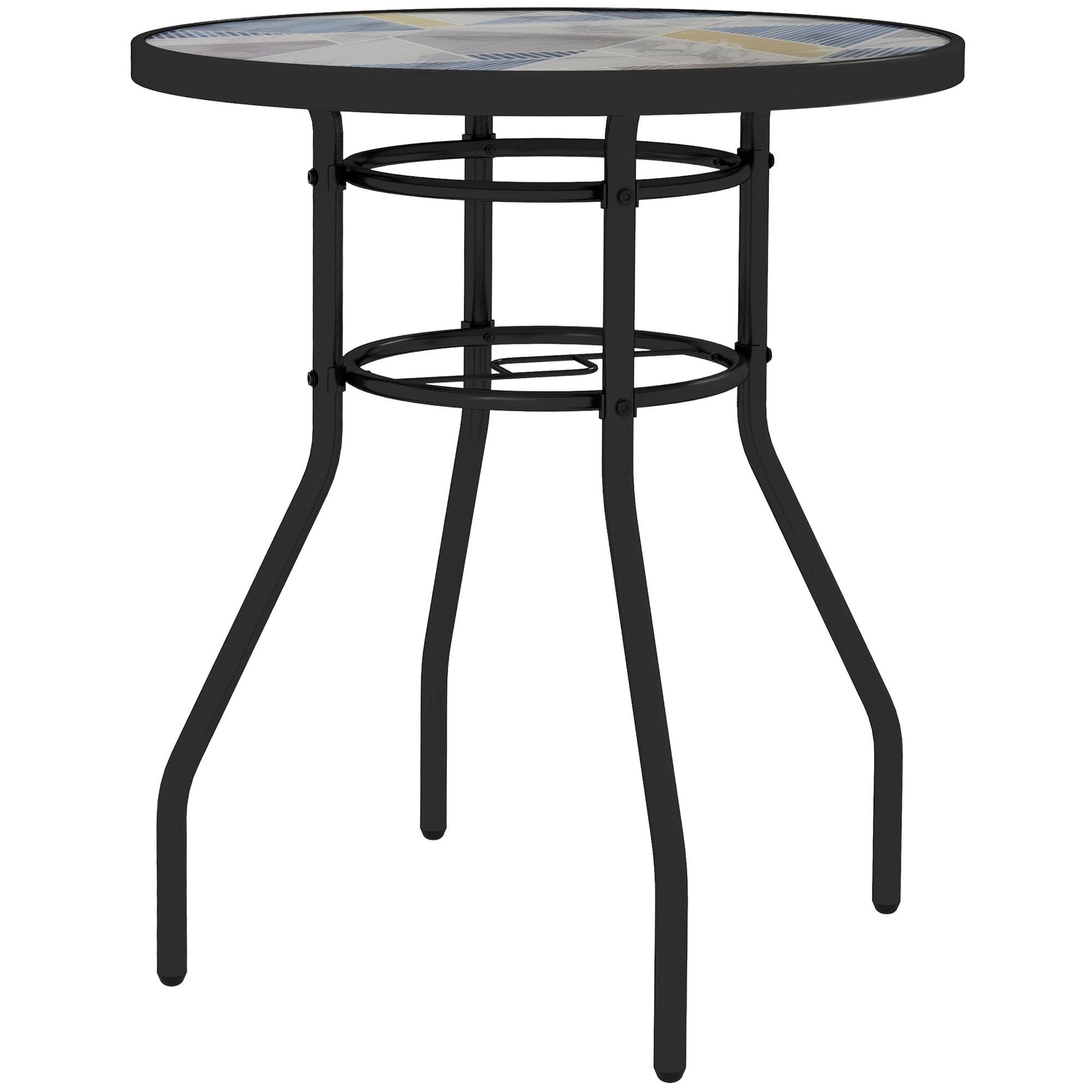 Outsunny Garden Table with Tempered Glass Top, Printed Design, Steel Frame, for Porch, Multicolour