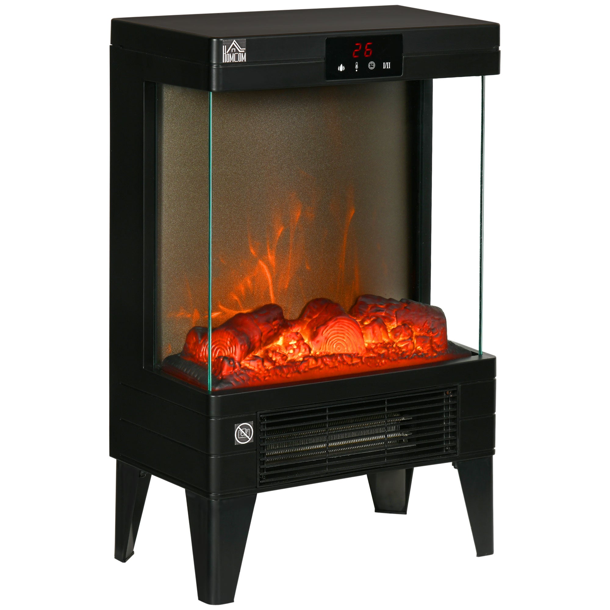 HOMCOM Electric Fireplace Heater, Freestanding 750W/1500W Fireplace, w/ LED Screen, Remote included Quiet Heater Ideal for 25m² Indoor Use, Black