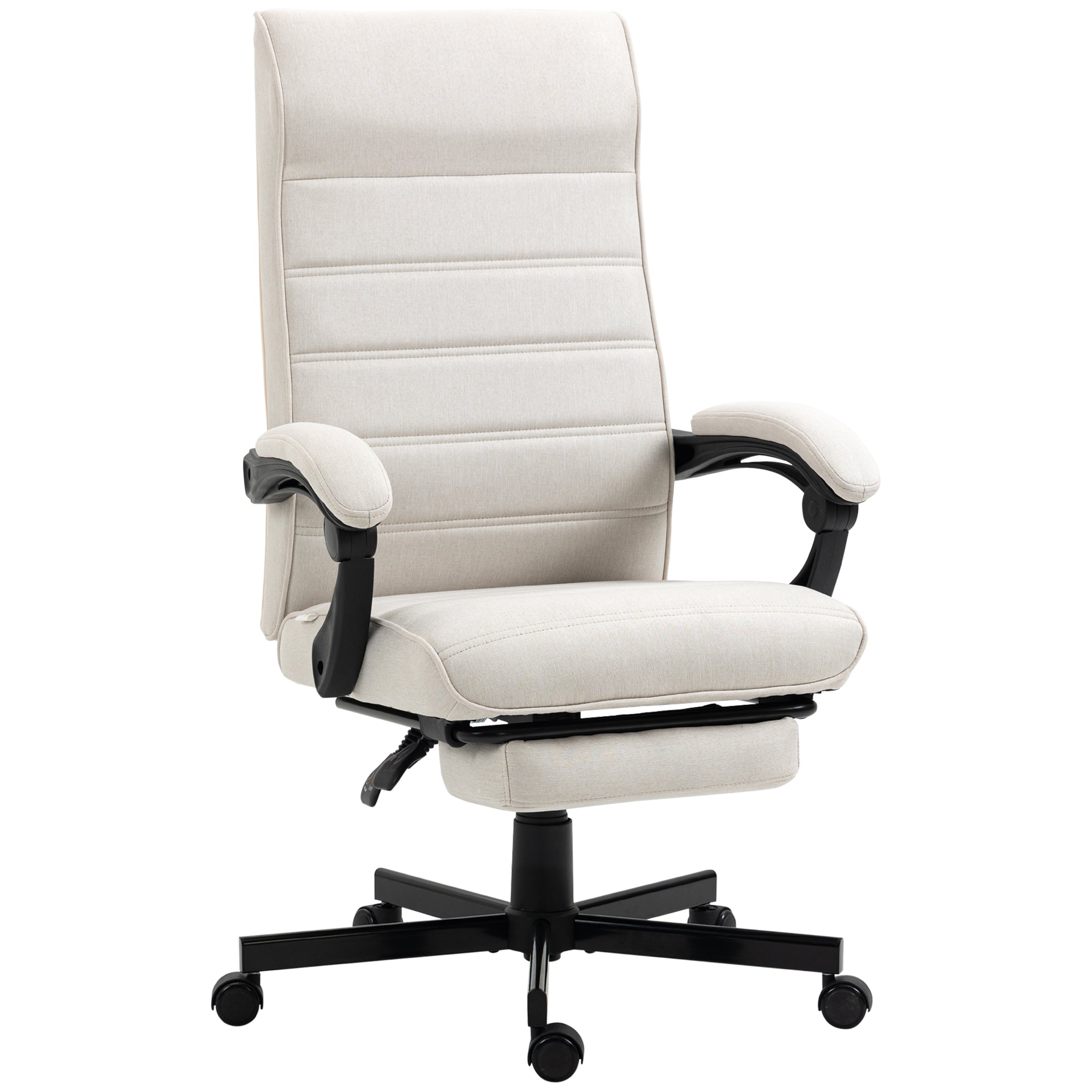 Vinsetto High-Back Linen Office Chair: Swivel Recliner with Adjustable Height, Footrest & Padded Armrests, Creamy White