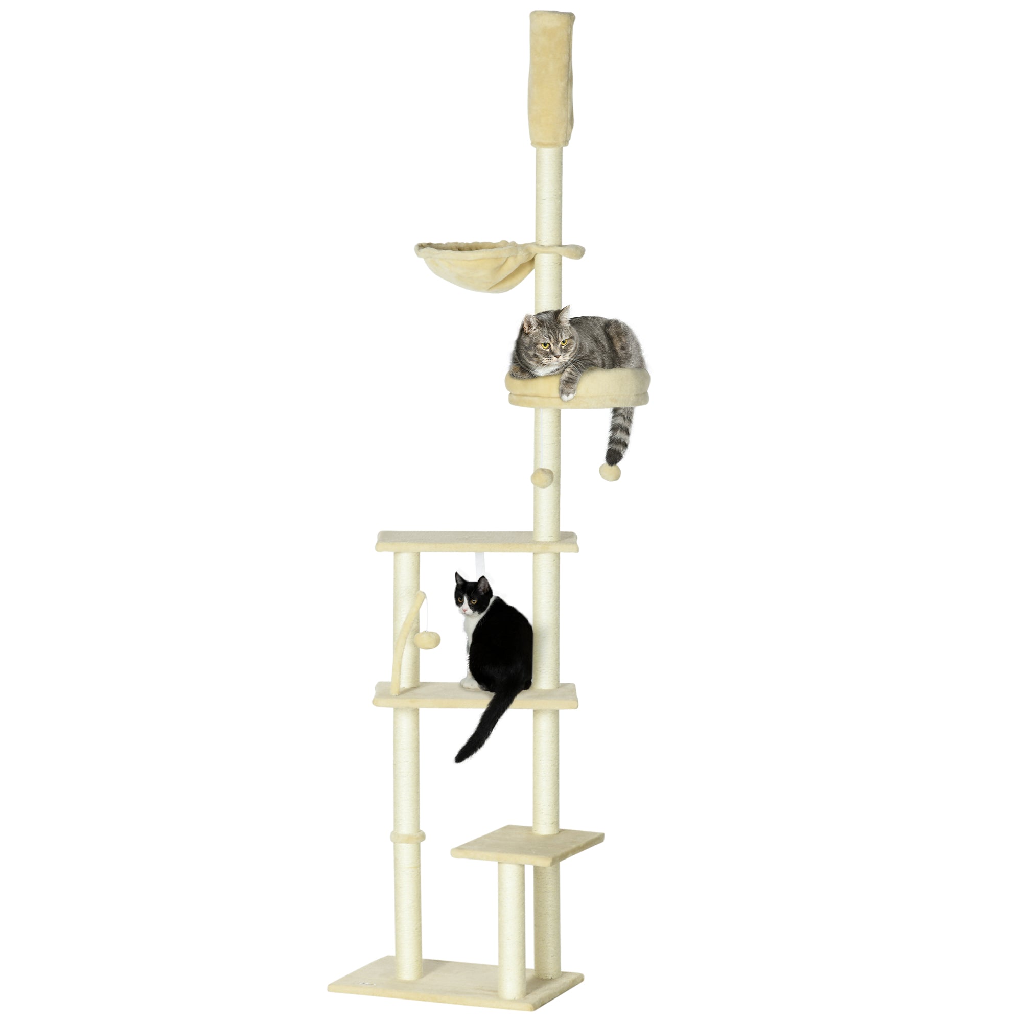 PawHut Cat Tree Floor to Ceiling, 6-Tier Play Tower with Scratching Post, Platforms, Adjustable Height, Beige