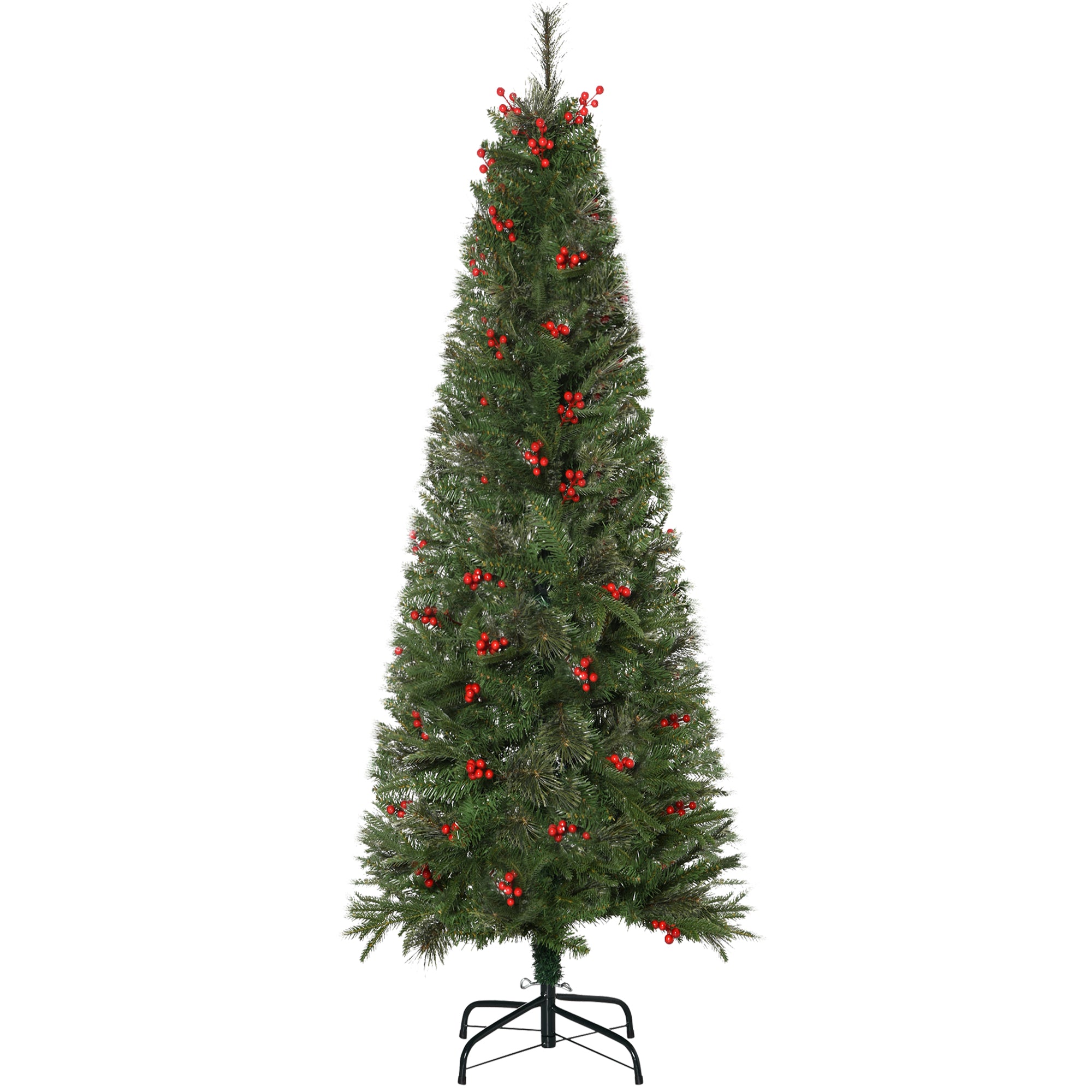 HOMCOM Pencil Artificial Christmas Tree with Realistic Branches, Red Berries, Auto Open, Green