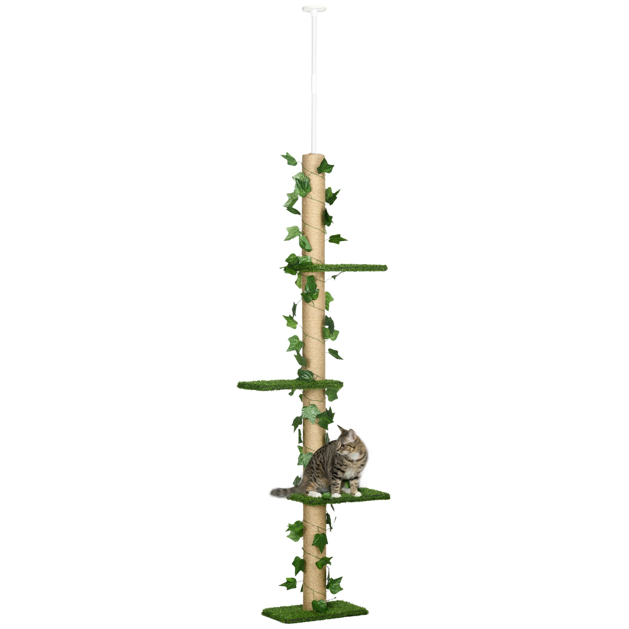 PawHut Floor to Ceiling Cat Tree, 242cm Height Adjustable Kitten Tower, Anti-slip Kit, Highly Simulated Multi-Layer Activity Centre, Green