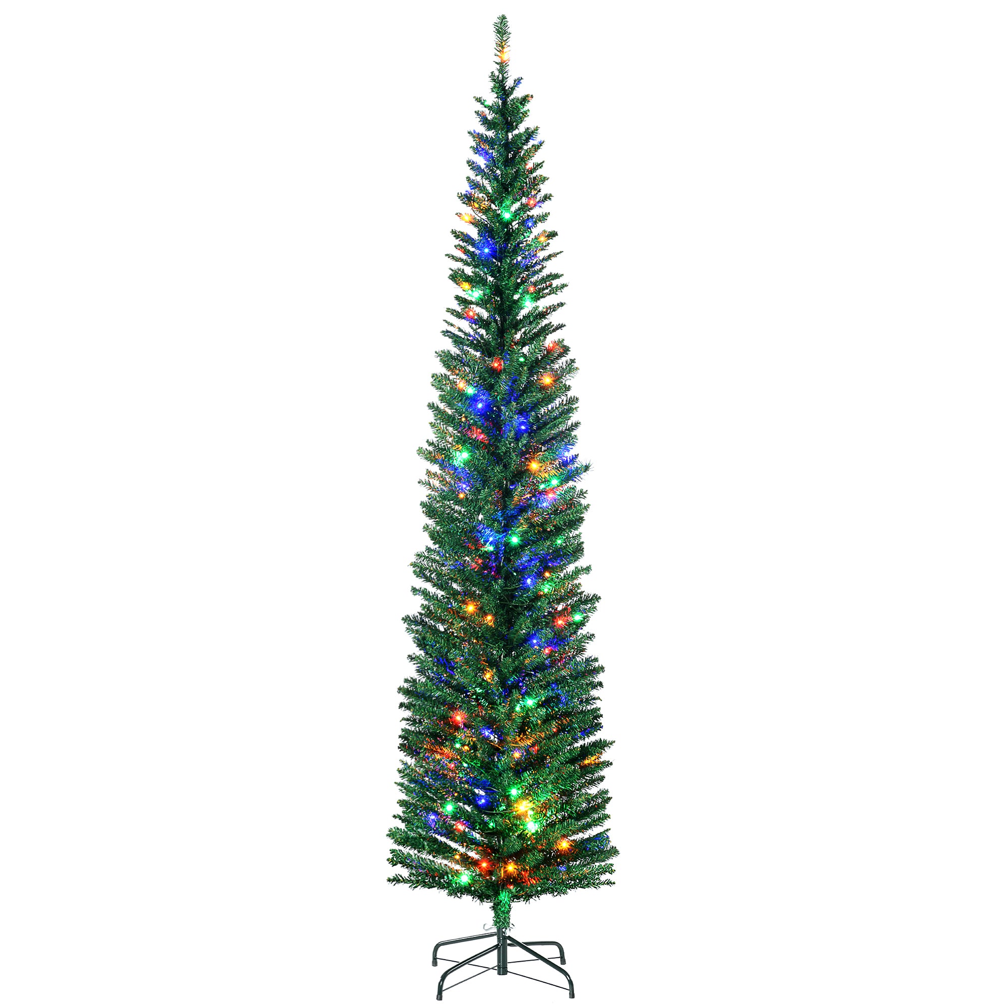 HOMCOM 7.5' Artificial Prelit Christmas Trees Holiday Décor with Colourful LED Lights, Pencil Shape, Steel Base