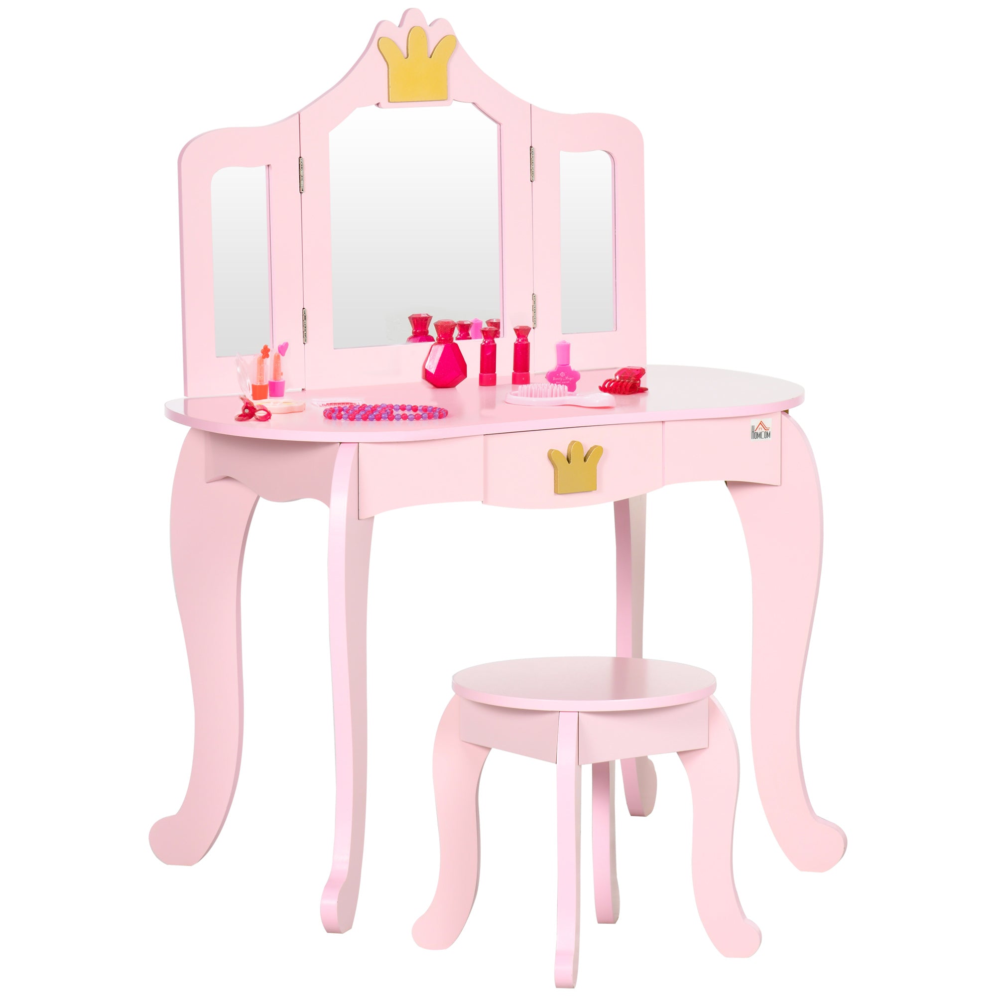 ZONEKIZ Kids Dressing Table with Mirror and Stool, Kids Vanity Set, Girl Makeup Desk with Rotatable Mirrors and Drawer, Pink