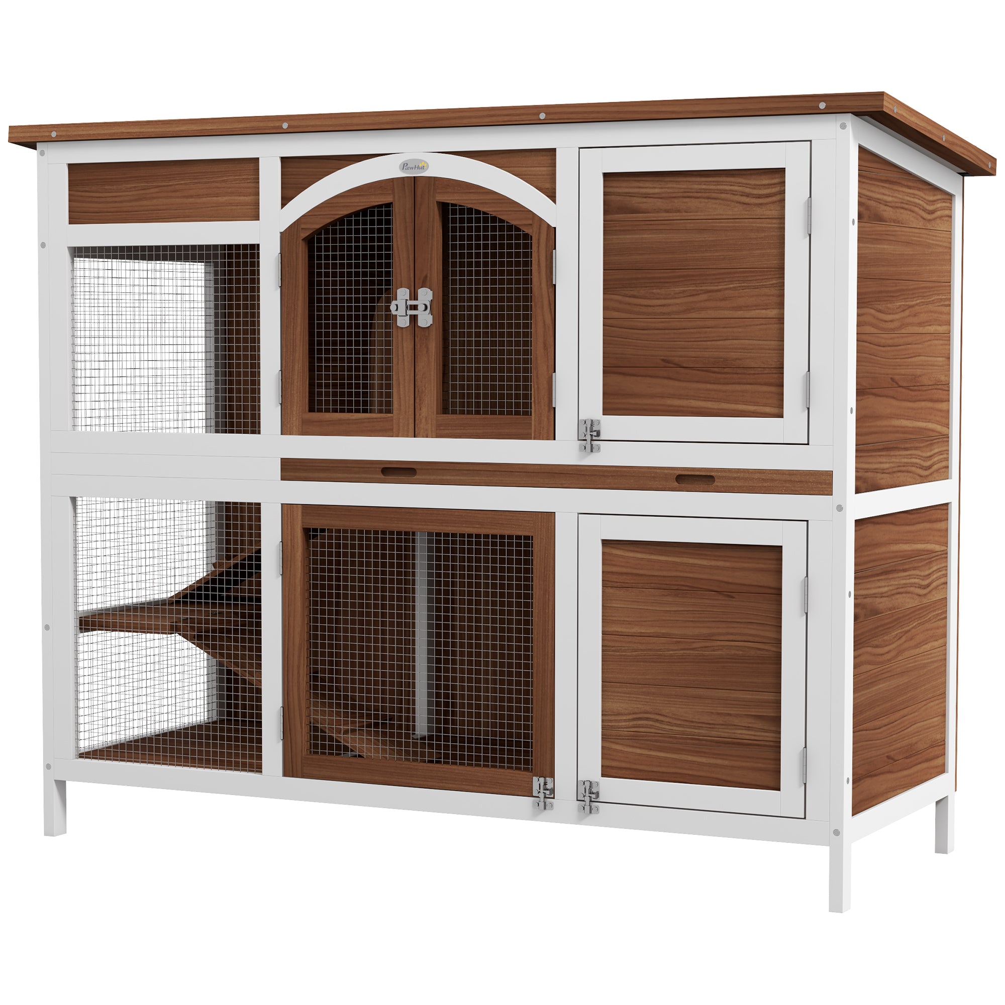 PawHut Two-Tier Wooden Pet Hutch with Openable Roof, Slide-Out Tray