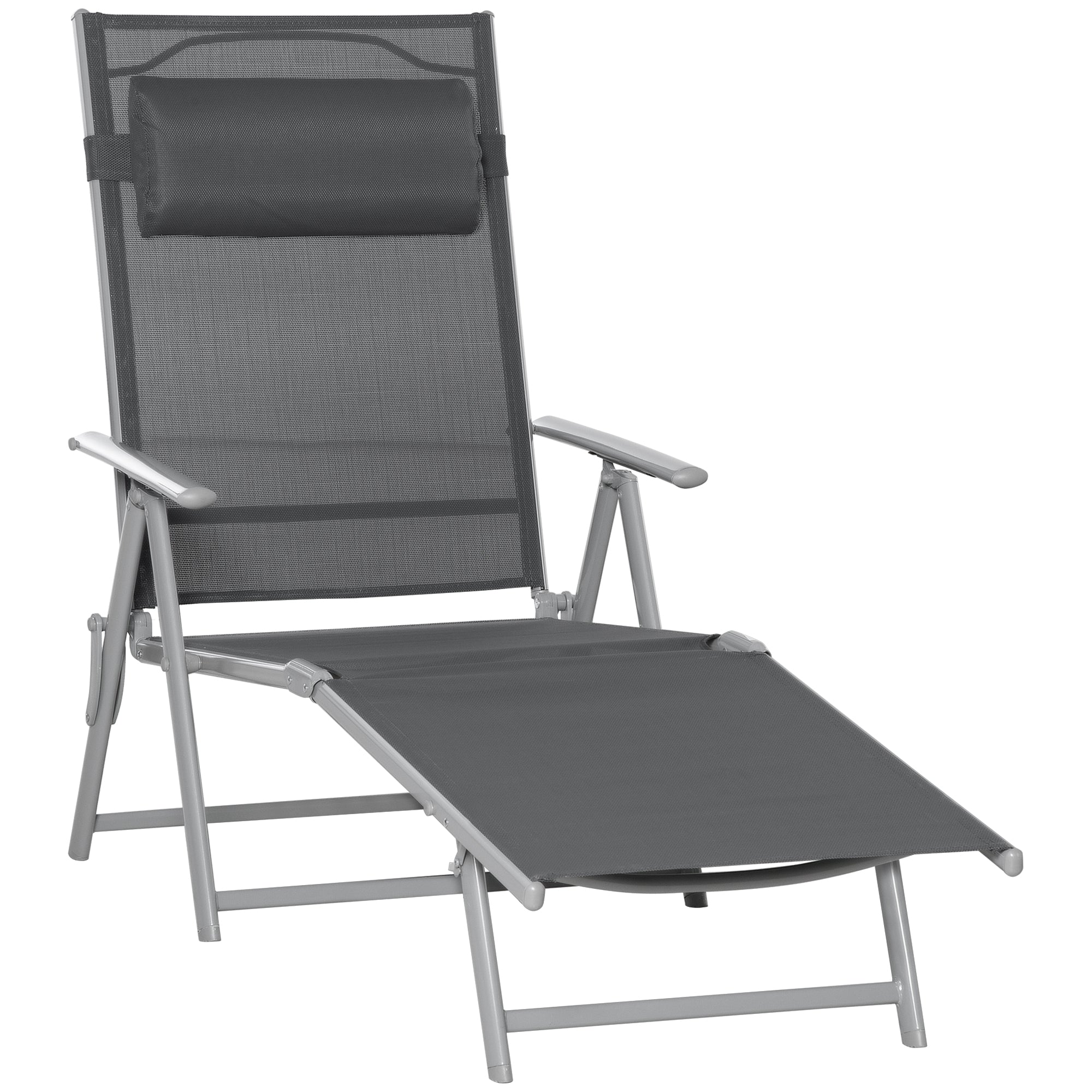 Outsunny Outdoor Folding Chaise Lounge Chair Recliner with Portable Design & 7 Adjustable Backrest Positions ， Steel Fabric Sun Lounger- Dark Grey