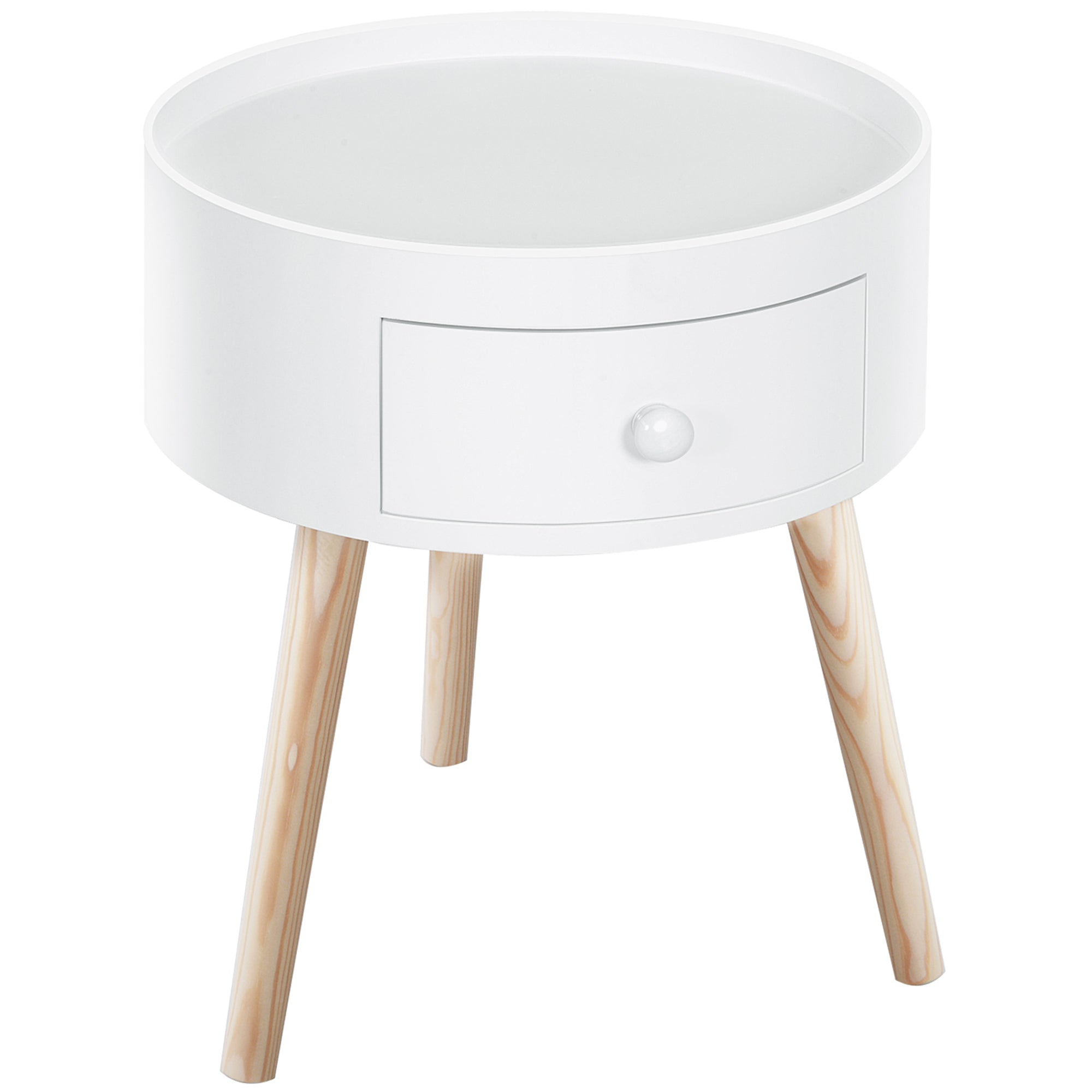 HOMCOM Modern Round Coffee Table, Wooden Side Table with Drawer, Wood Legs, Living Room Storage, White