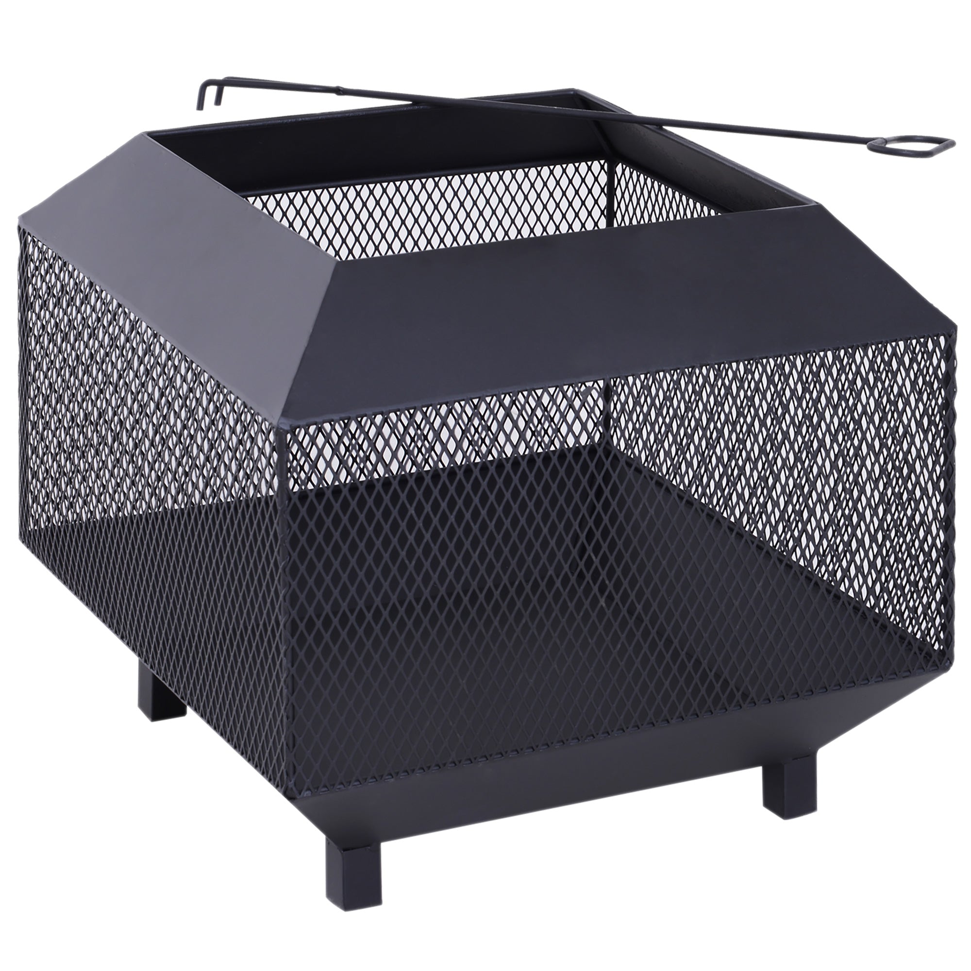 Outsunny Outdoor Fire Pit: Stylish Centrepiece for Alfresco Evenings, Mesh Design with Lid, Log Grate & Poker, Black