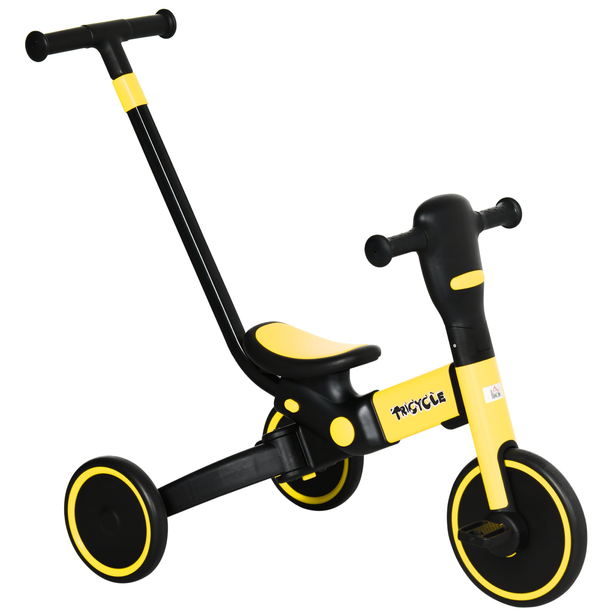 HOMCOM 4-in-1 Tricycle for Kids, Baby Trike with Adjustable Push Handle, Detachable Foot Rest for 18-60 Months, Yellow