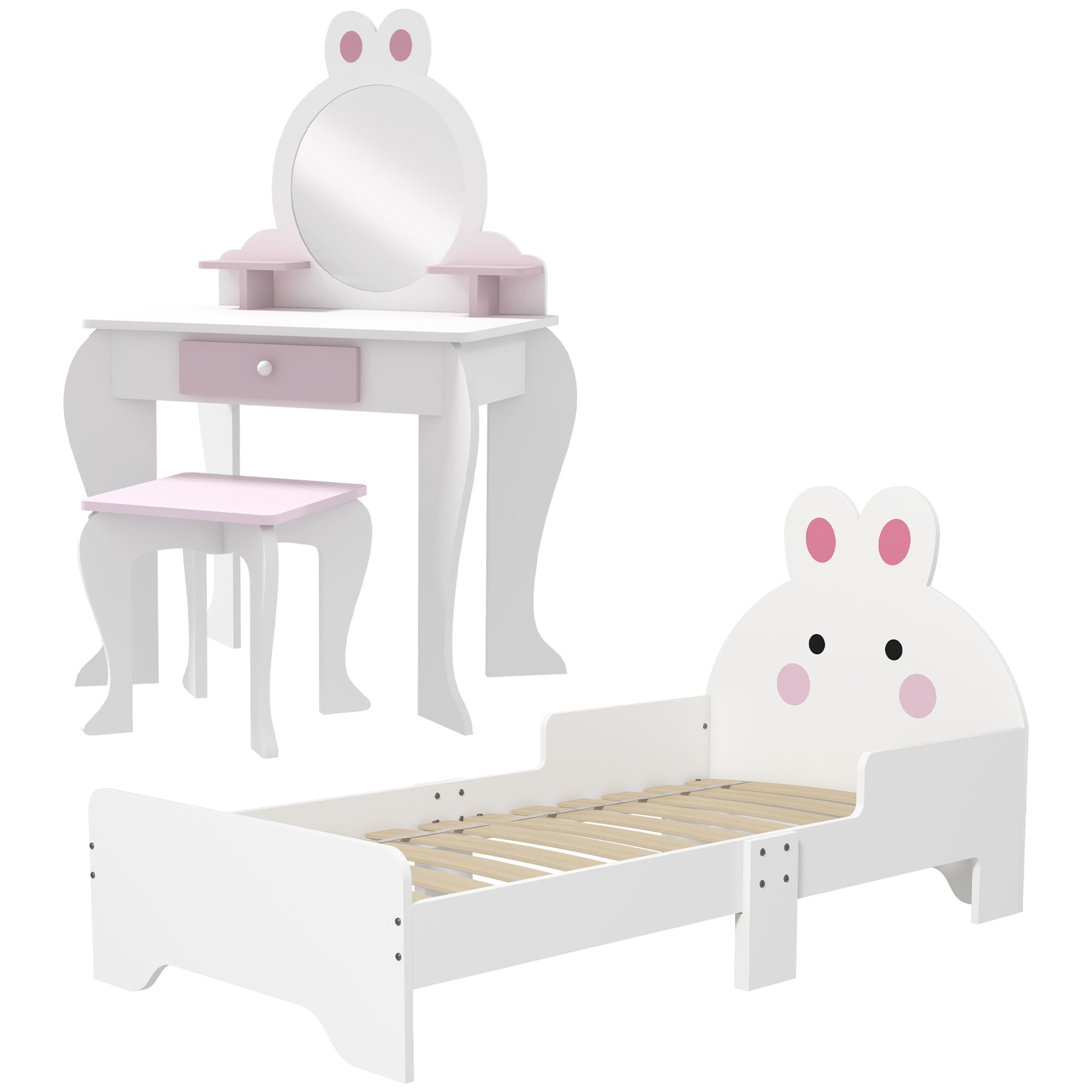 ZONEKIZ Kids Bedroom Furniture Set, Wooden with Dressing Table, Stool, Bed, Bunny-Design, for 3-6 Years