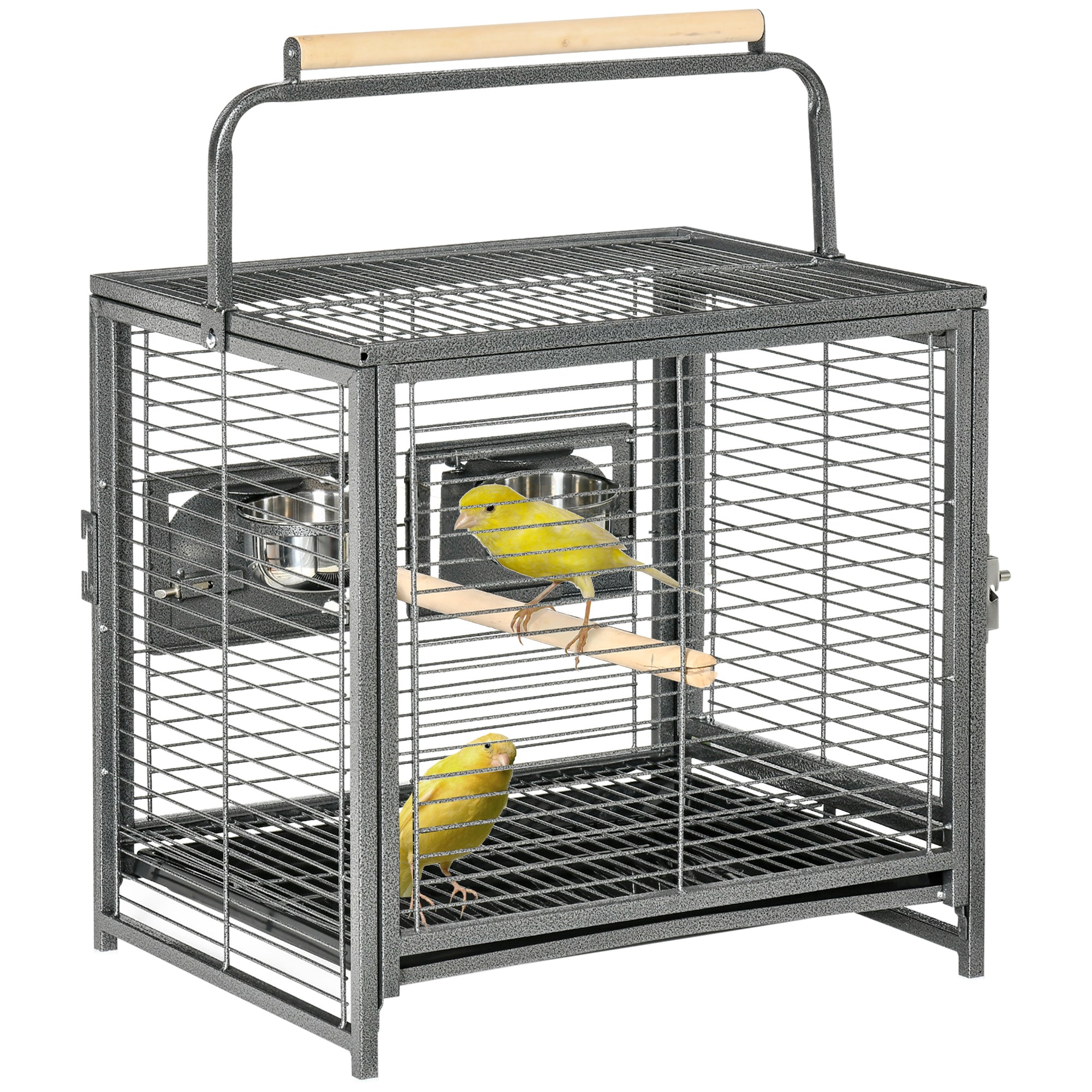 PawHut Metal Bird Cage, Portable Parrot Carrier for Green Cheek, Canary, Parakeet, Cockatiel, with Wooden Perch, Black