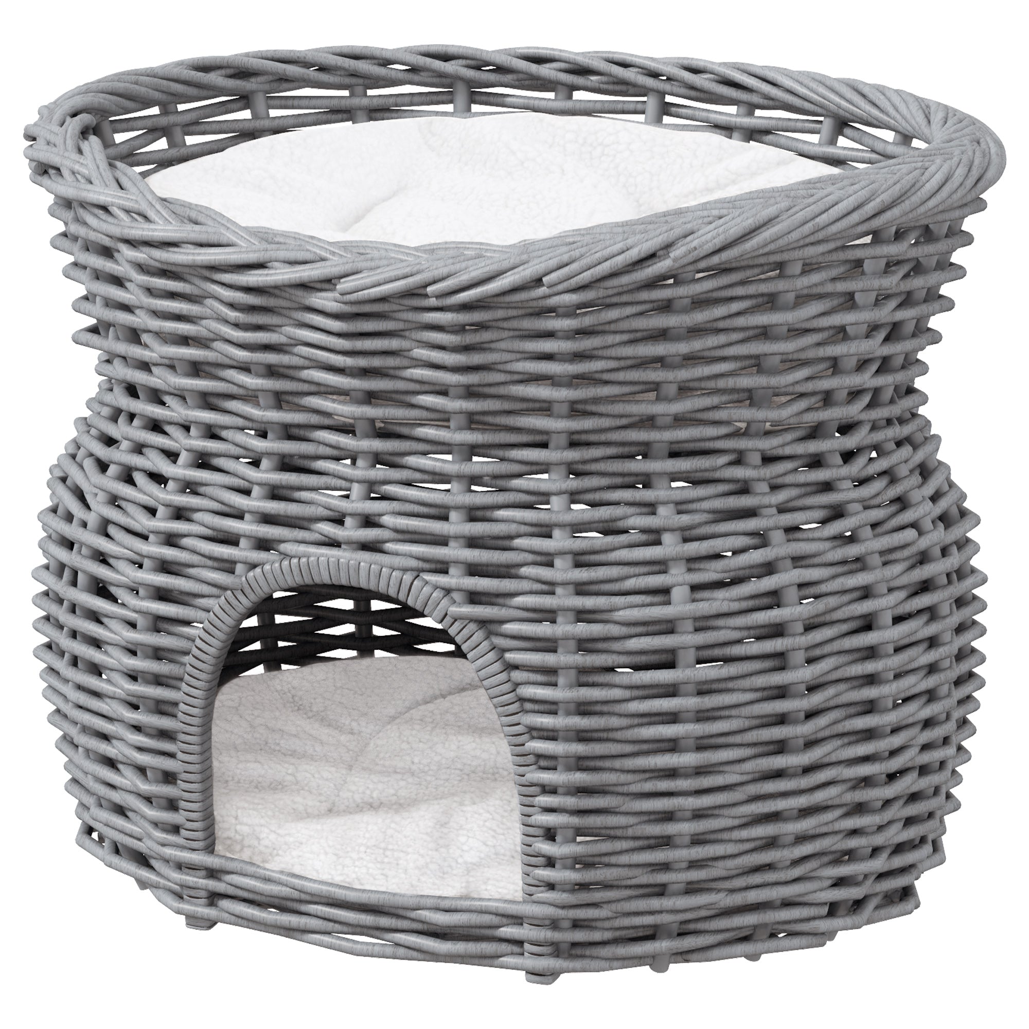 PawHut Wicker Cat House, 2-Tier Elevated Pet Bed Basket, Willow Kitten Tower with Washable Cushions, 56x37x40cm, Grey