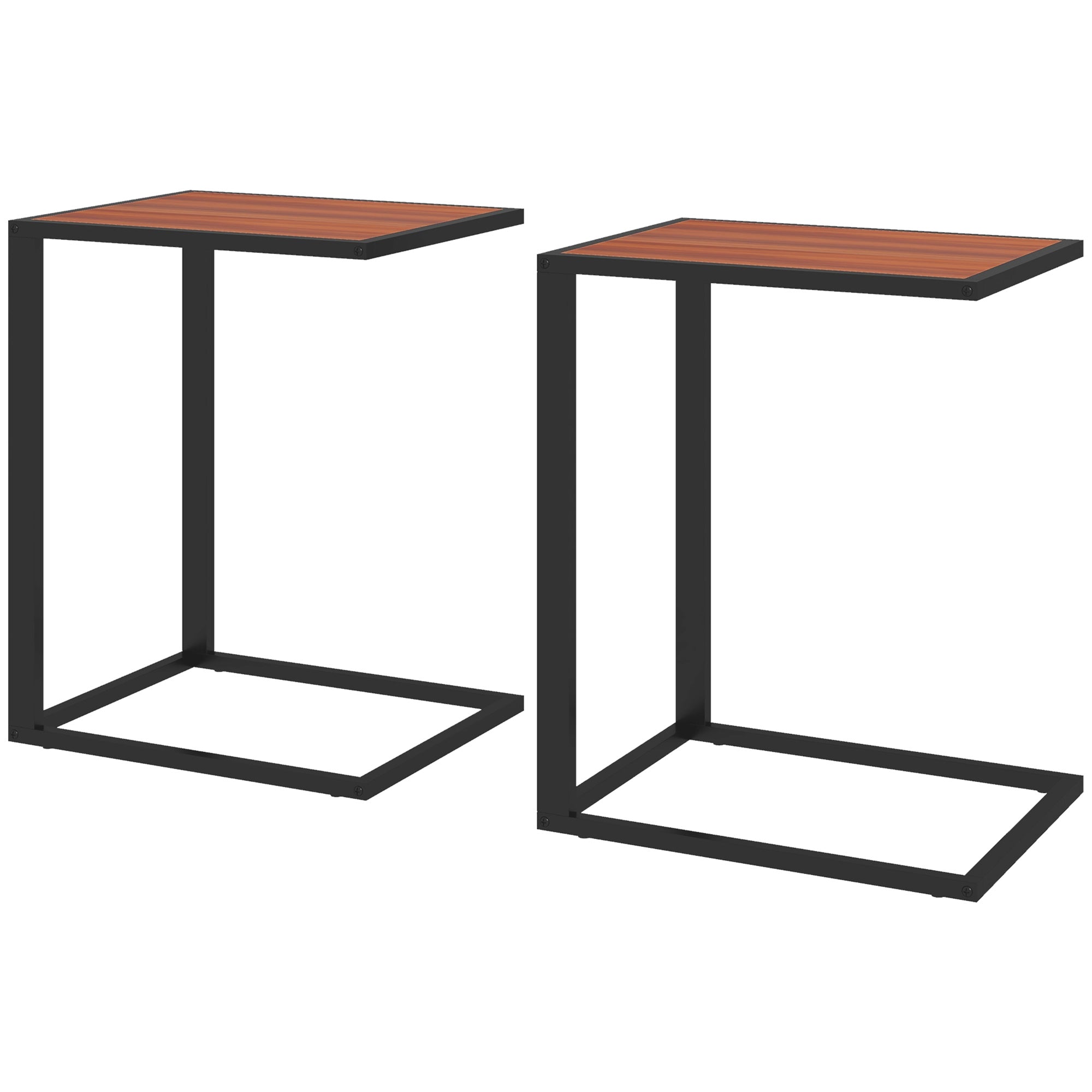 HOMCOM C-Shaped Sofa End Table Set: Metal Frame Accent Tables for Living Room, Bedroom, Walnut and Black