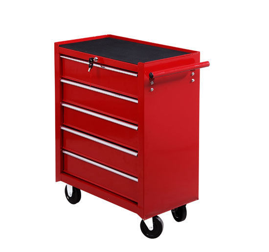 HOMCOM 5 Drawer Tool Chest on Wheels, Lockable Steel Tool Trolley with Side Handle for Workshop, Garage, Red