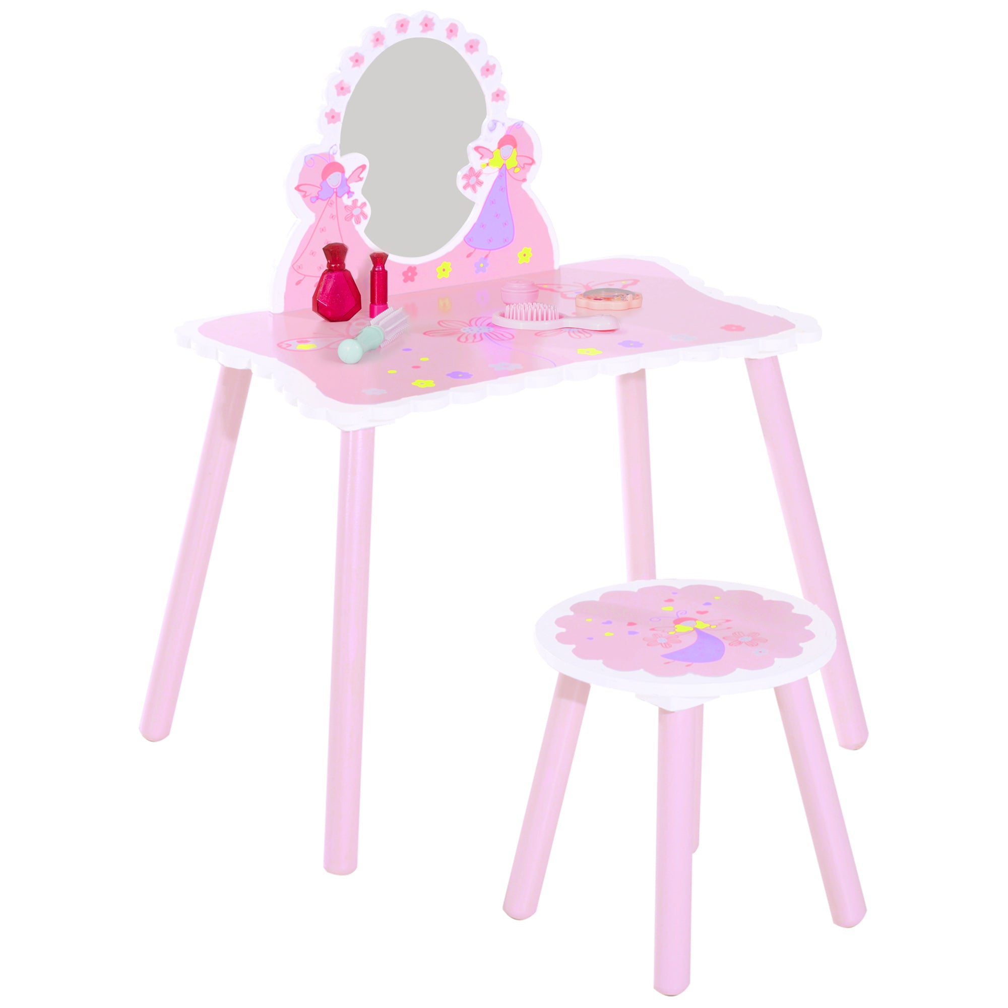 HOMCOM Kids Dressing Table Girls Pink Wooden Kids Dressing Table & Stool Make Up Desk Chair Toys Fairy Dresser Play Set w/Mirror