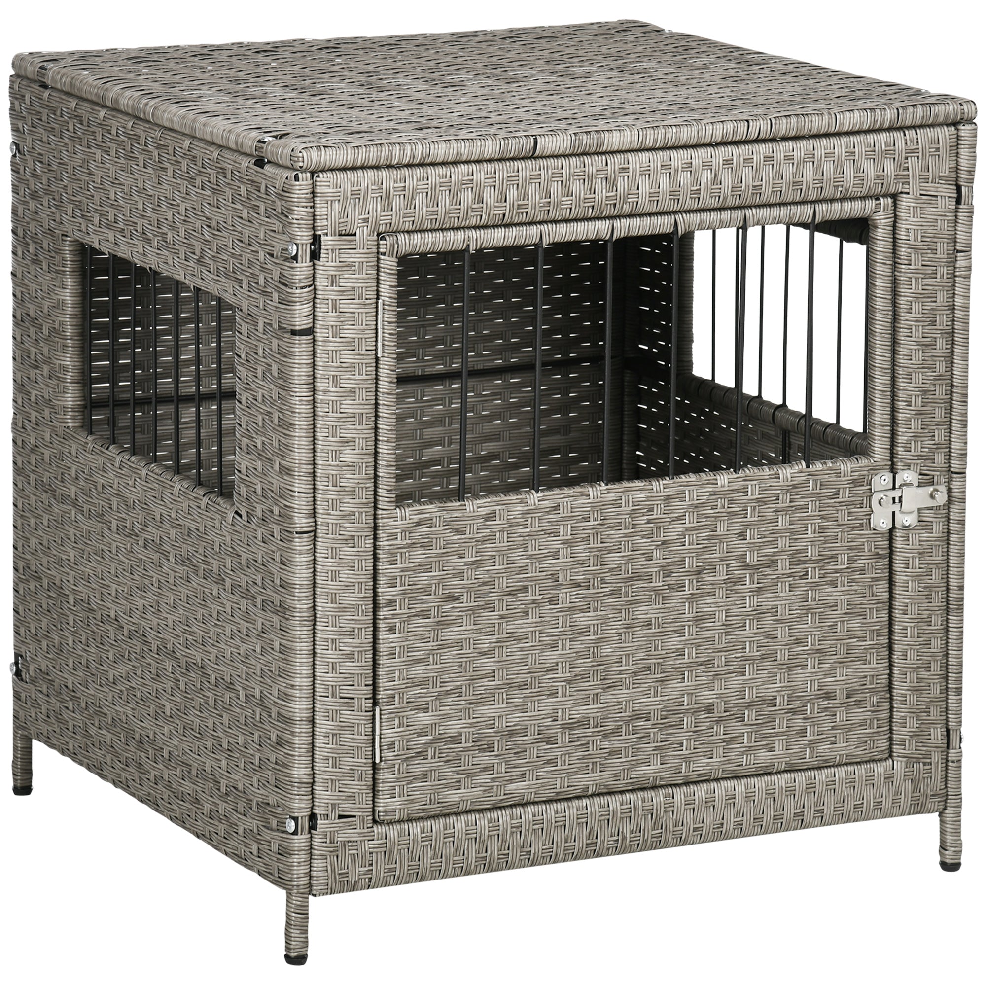 PawHut Wicker Dog Cage, Dog Crate with Lockable Door and Soft Washable Cushion for Small Sized Dogs, 62 x 59 x 66 cm, Grey