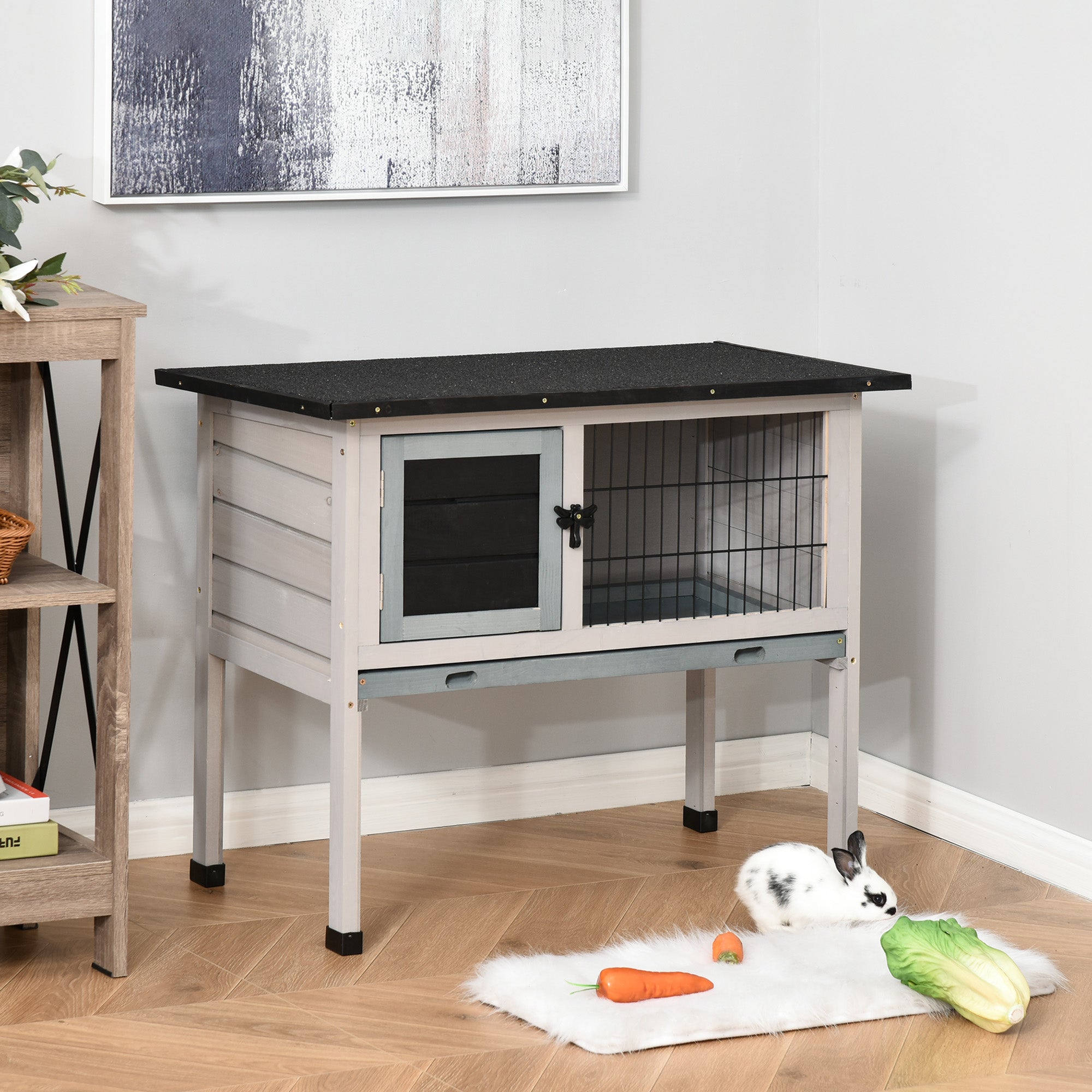 PawHut Rabbit's Elevated Fir Wood Outdoor Hutch Grey