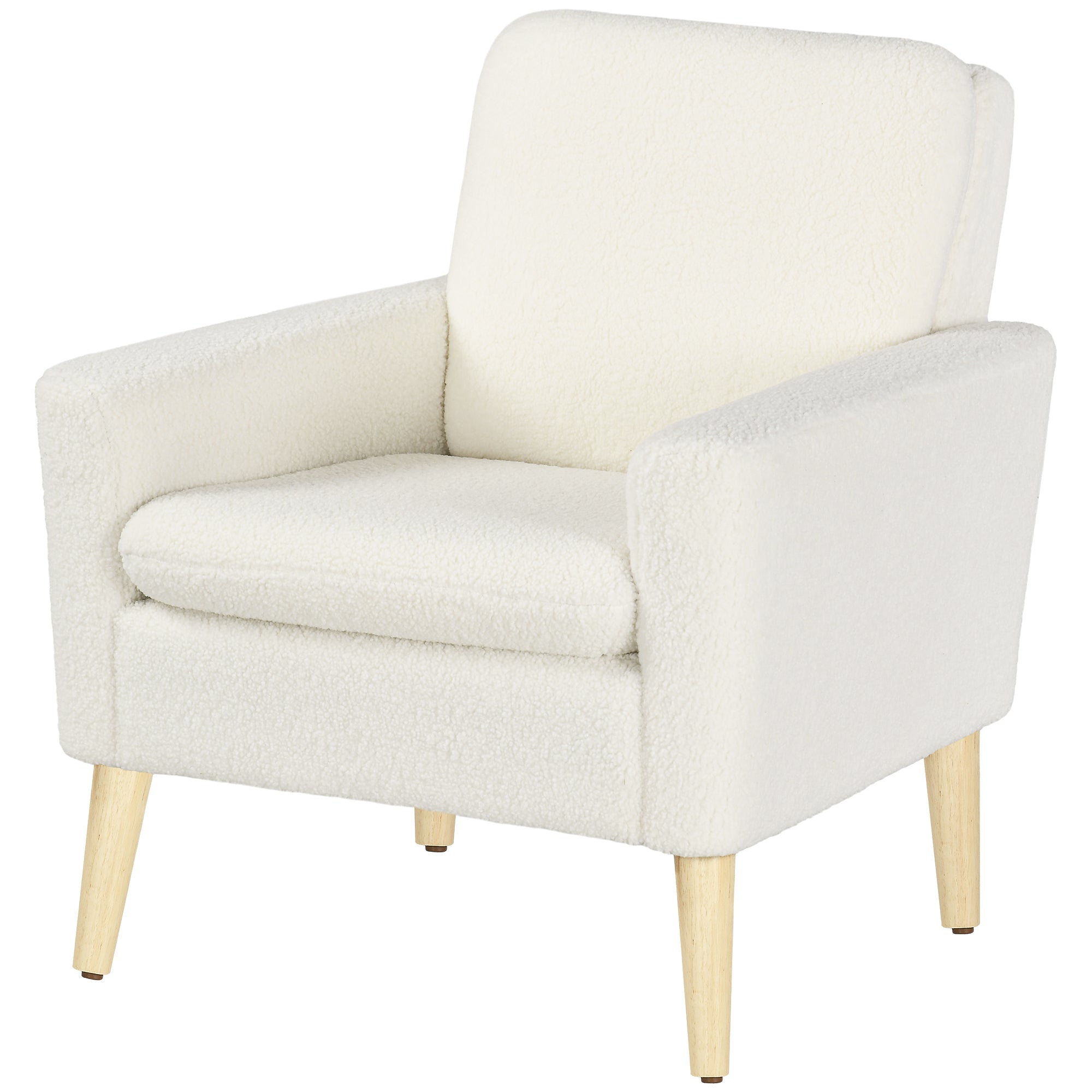 HOMCOM Modern Armchair, Upholstered Accent Chair with Wood Legs and Wide Padded Seat, Teddy Occasional Chair, Cream White