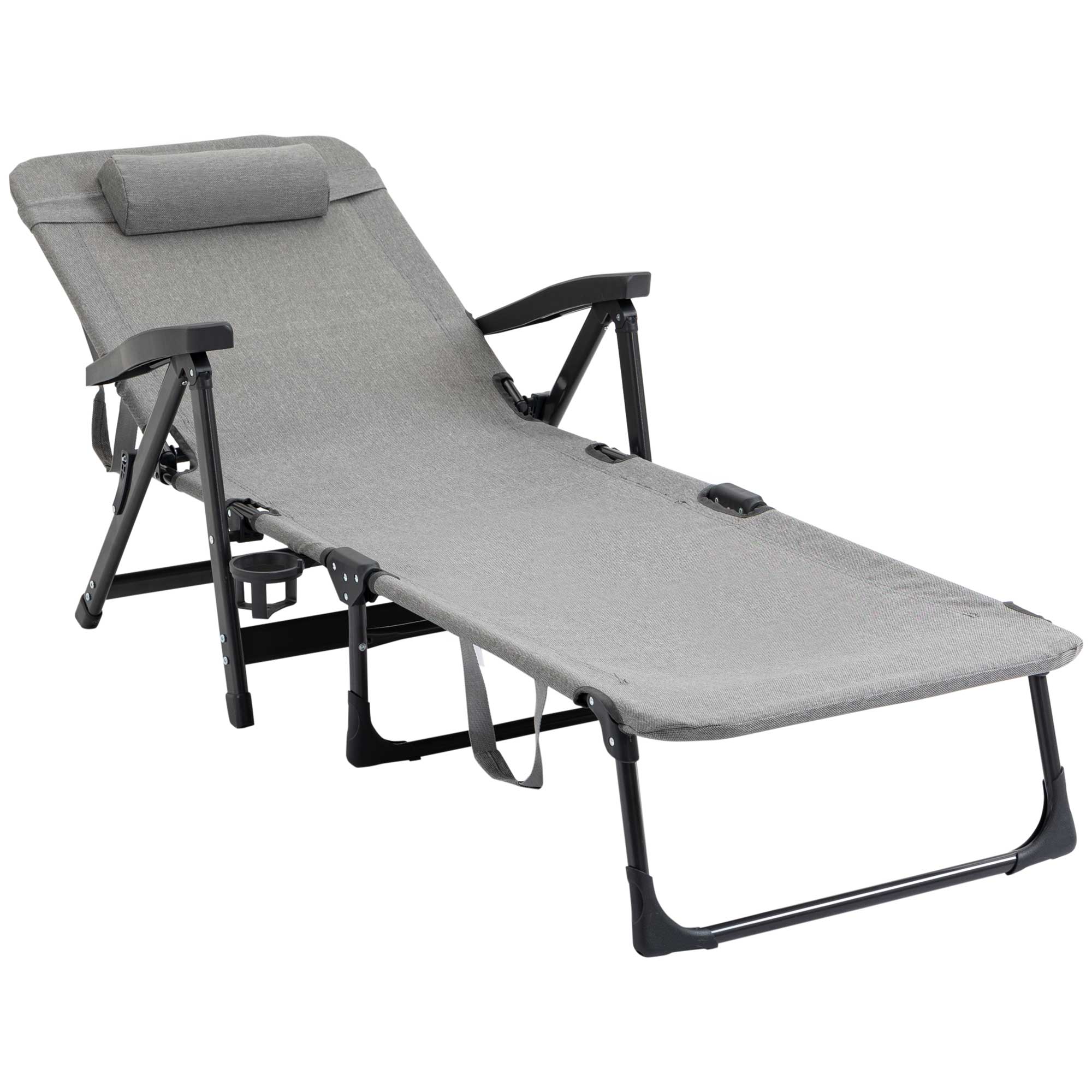 Outsunny Folding Sun Lounger, Mesh Fabric Chaise Lounge Chair, 7-Reclining Position Sleeping Bed with Pillow & Cup Holder for Poolside, Light Grey