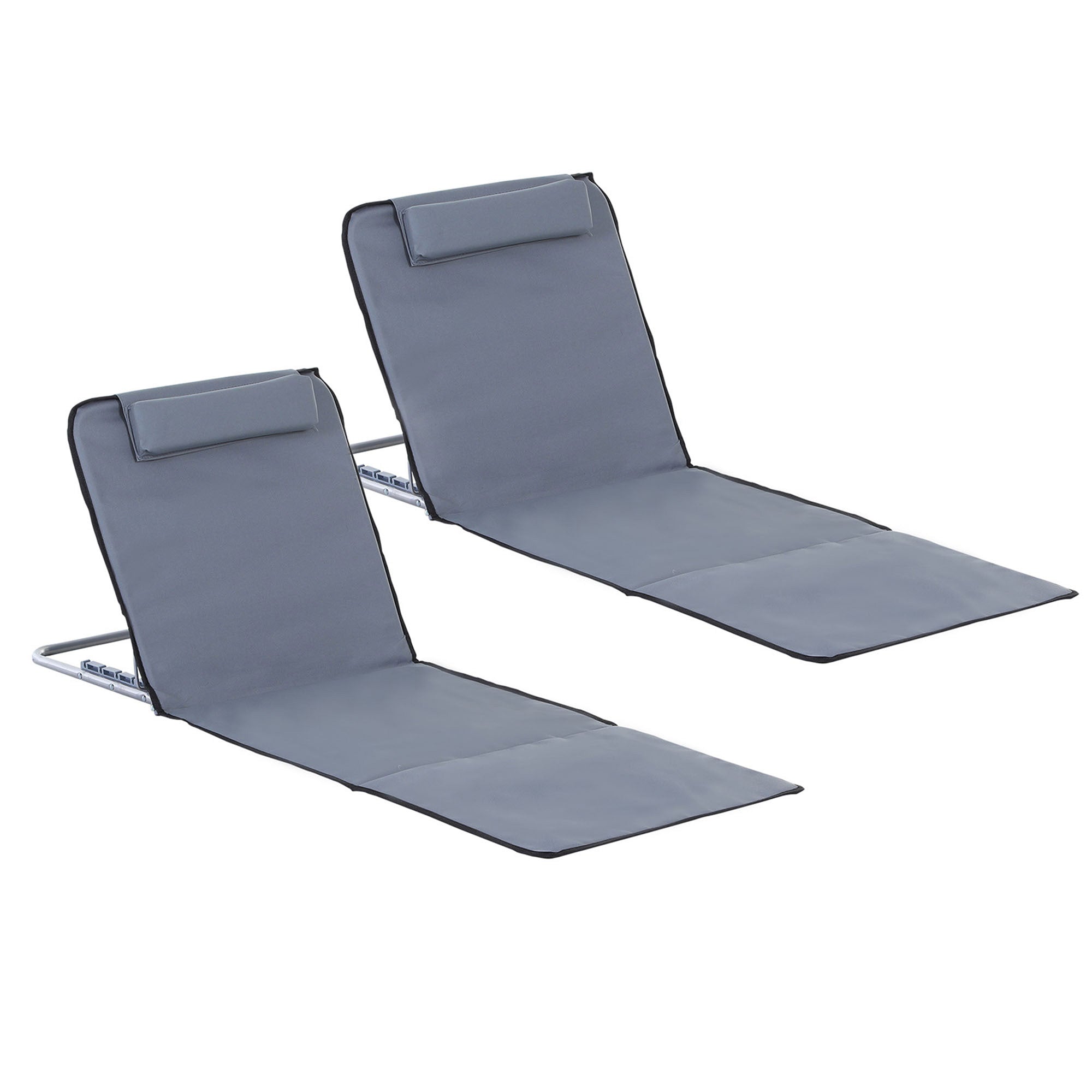 Outsunny Set of 2 Foldable Garden Beach Chair Mat Lightweight Outdoor Sun Lounger Seats Adjustable Back Metal Frame PE Fabric Head Pillow, Grey