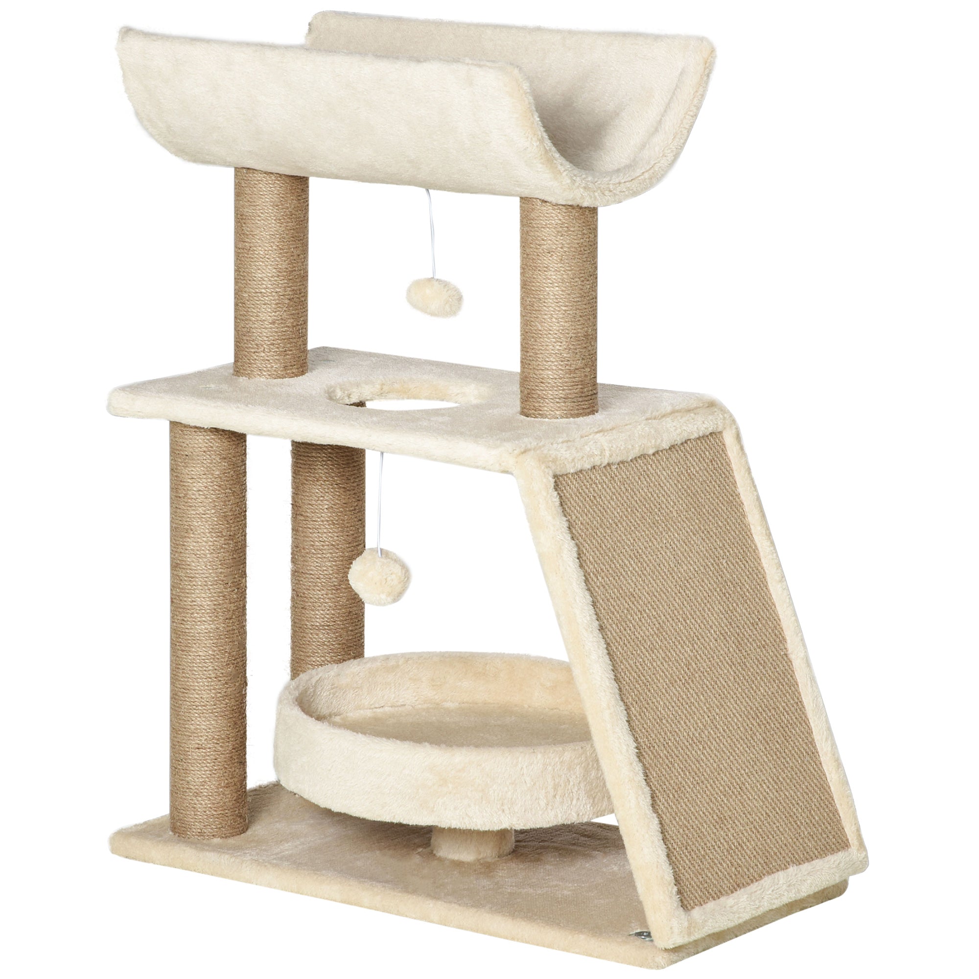 PawHut Cat Climbing Tree, Scratch Pad, Cosy Bed Perch, Play Ball, for Indoor Cats, 60 x 30 x 76 cm, Light Brown