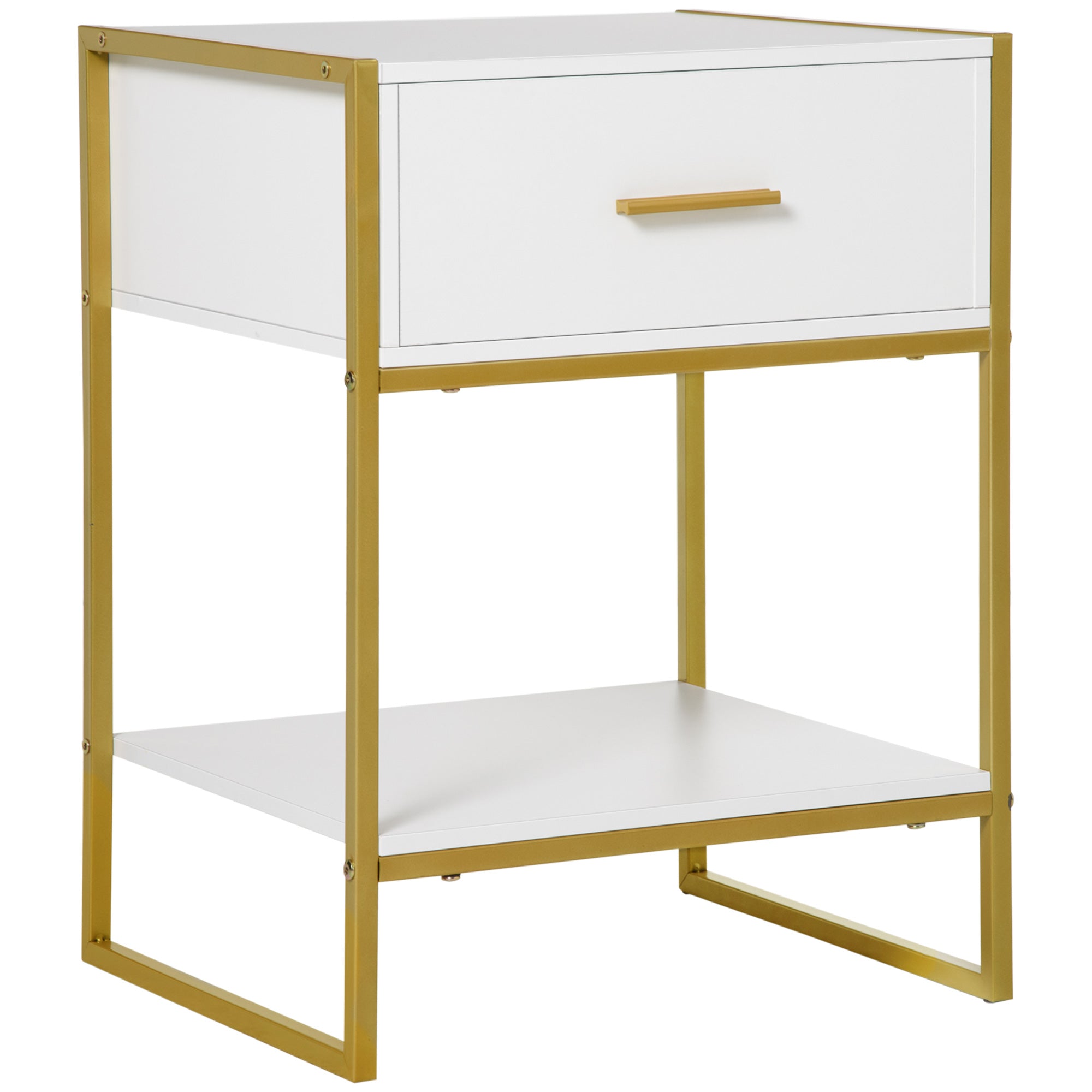 HOMCOM Contemporary Bedside Cabinet with Drawer and Shelf, Chic Storage Organiser for Bedroom or Living Room, White and Gold