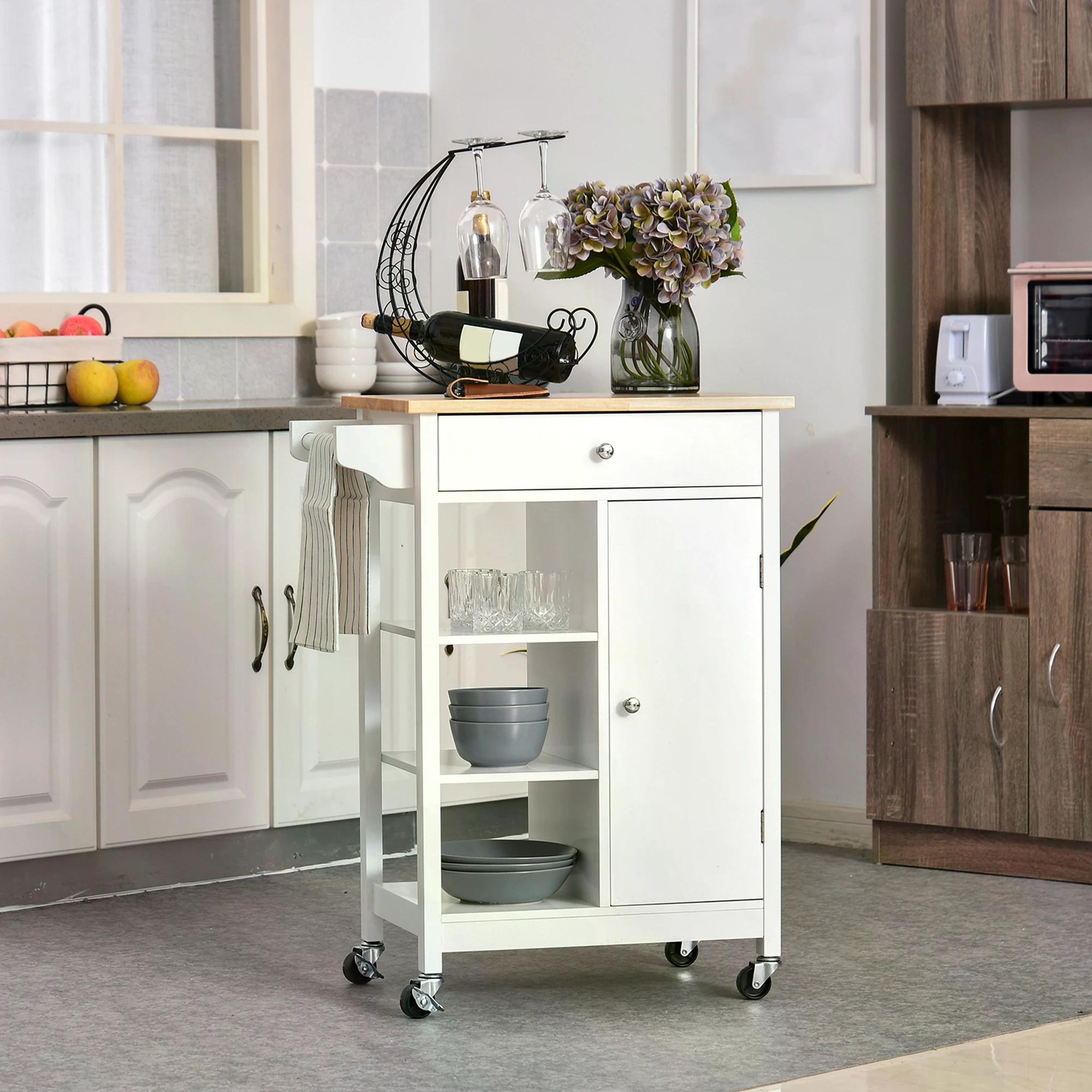 HOMCOM Kitchen Storage Trolley Unit w/ Wood Top 3 Shelves Cupboard Drawer Rail 4 Wheels Handles Moving Shelf Handy Spacesaver White