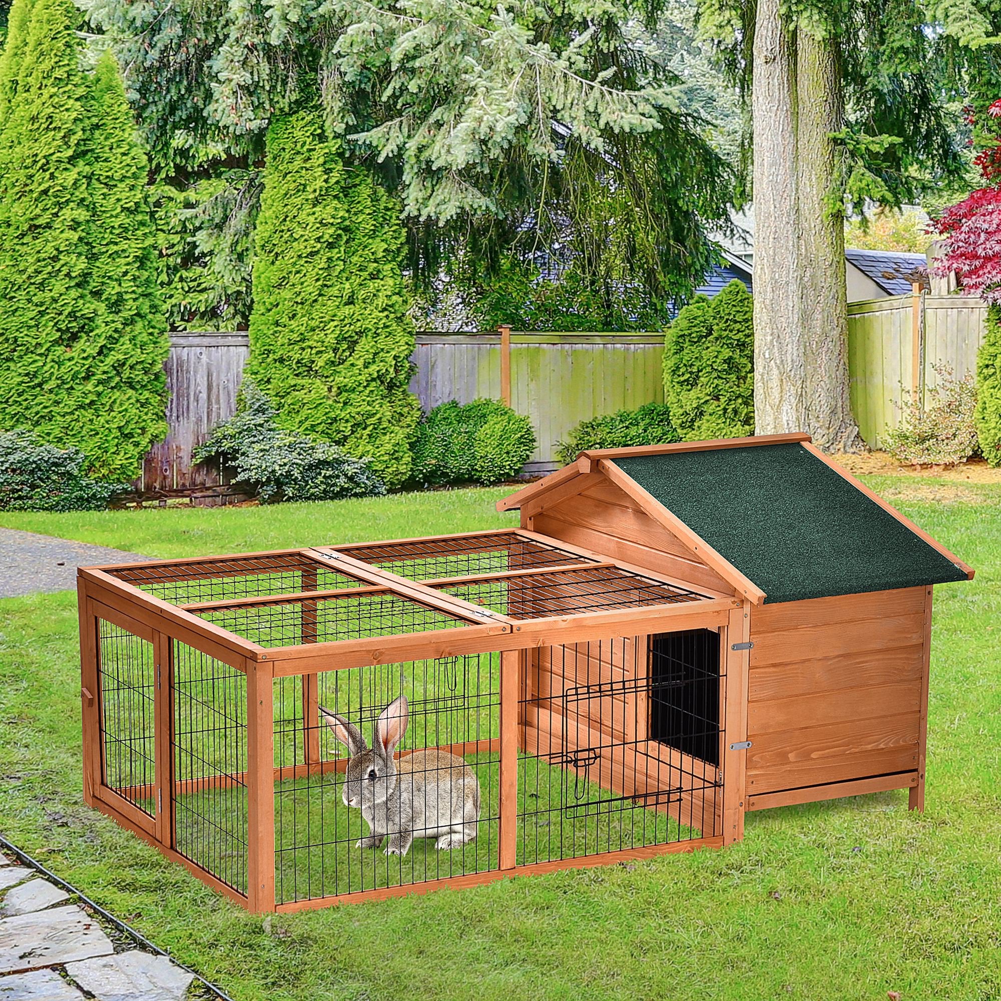 PawHut Wooden Guinea Pigs Hutches Detachable Rabbit Cage Pet House with Openable Run & Roof Slide-out Tray