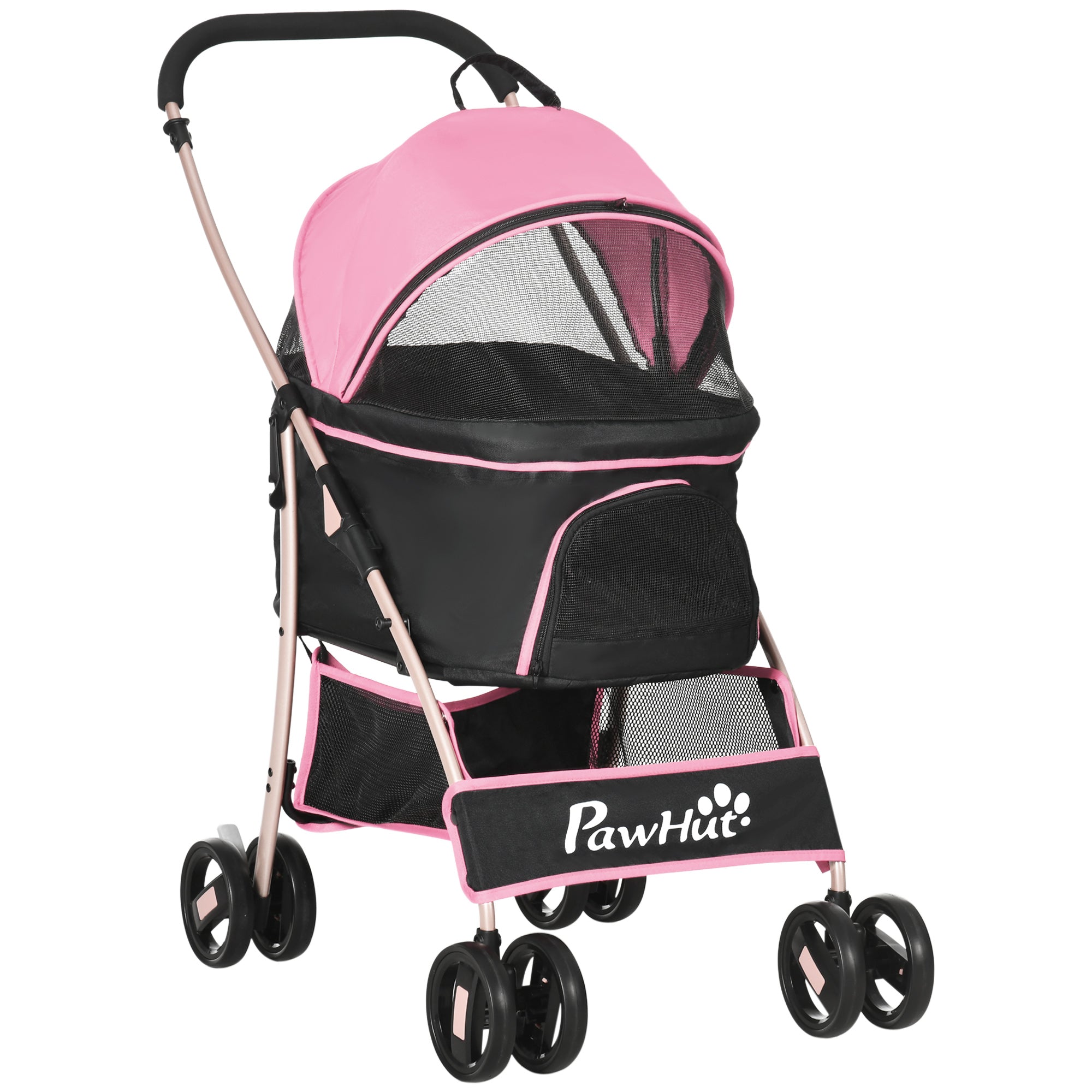 PawHut 3-In-1 Detachable Pet Stroller, Dog Cat Travel Carriage with Foldable Carrying Bag, Universal Wheel Brake, Canopy, Basket, Pink