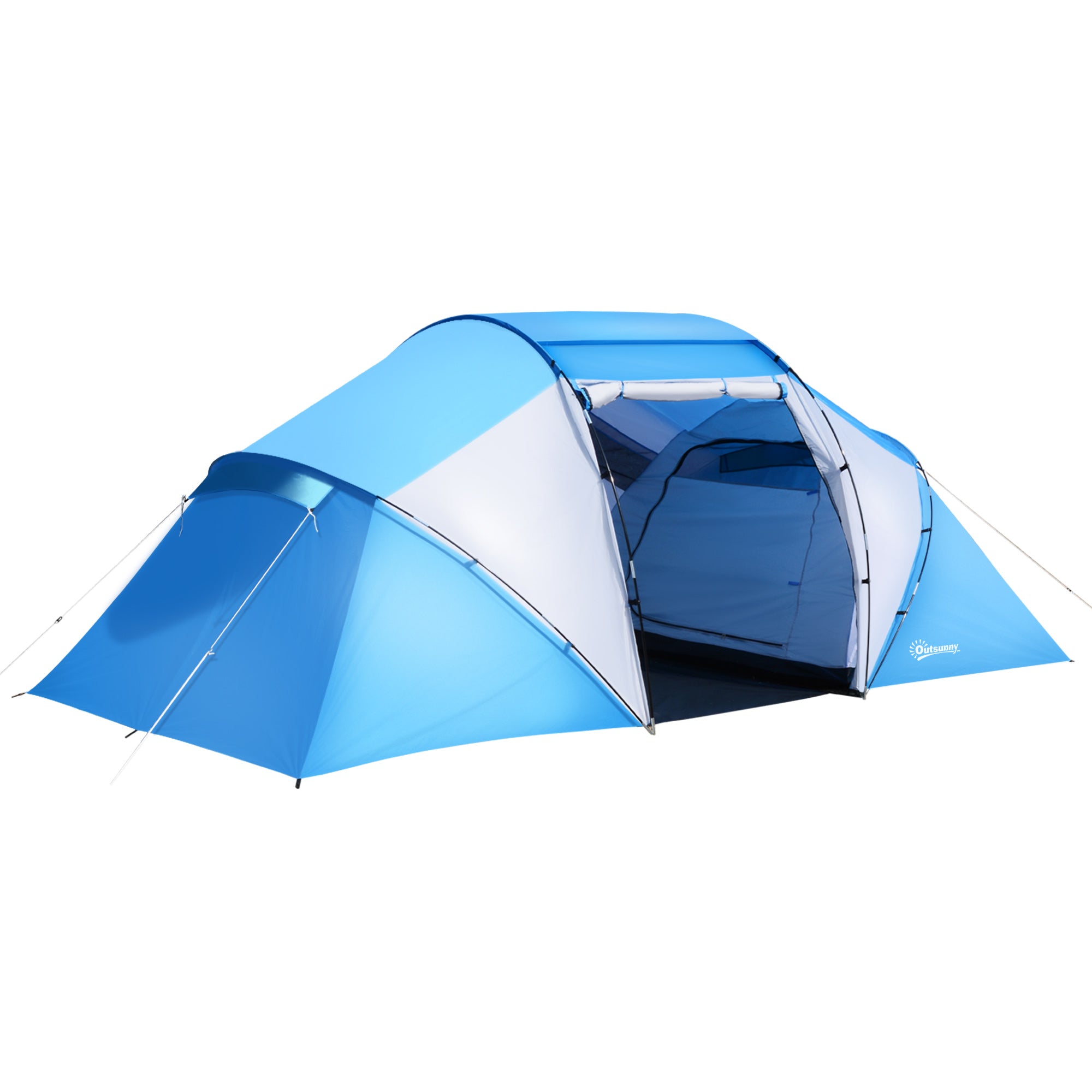 Outsunny 4-6 Man Camping Tent w/ Two Bedroom, Hiking Sun Shelter, UV Protection Tunnel Tent, Blue and White