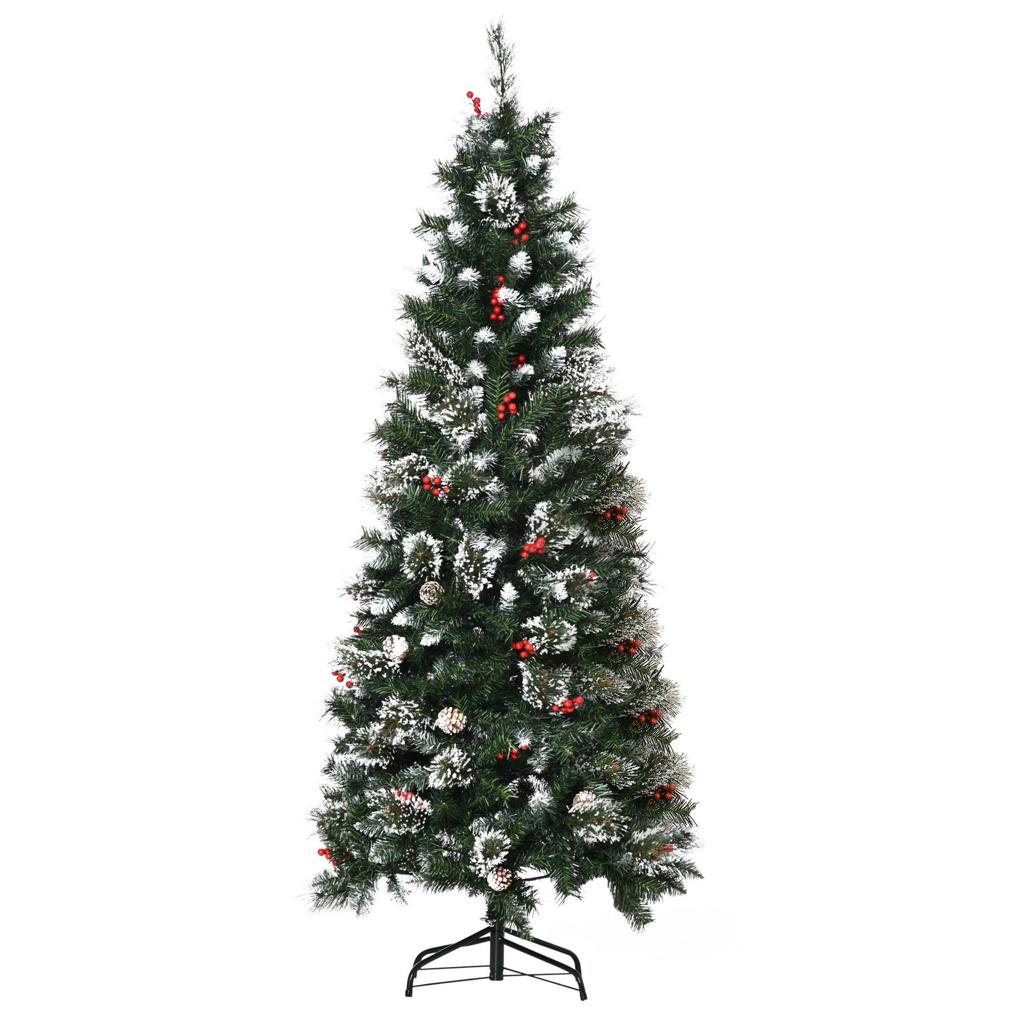 HOMCOM 6 Foot Snow Dipped Artificial Christmas Tree Slim Pencil Xmas Tree with 588 Realistic Branches, Pine Cones, Red Berries, Auto Open, Green