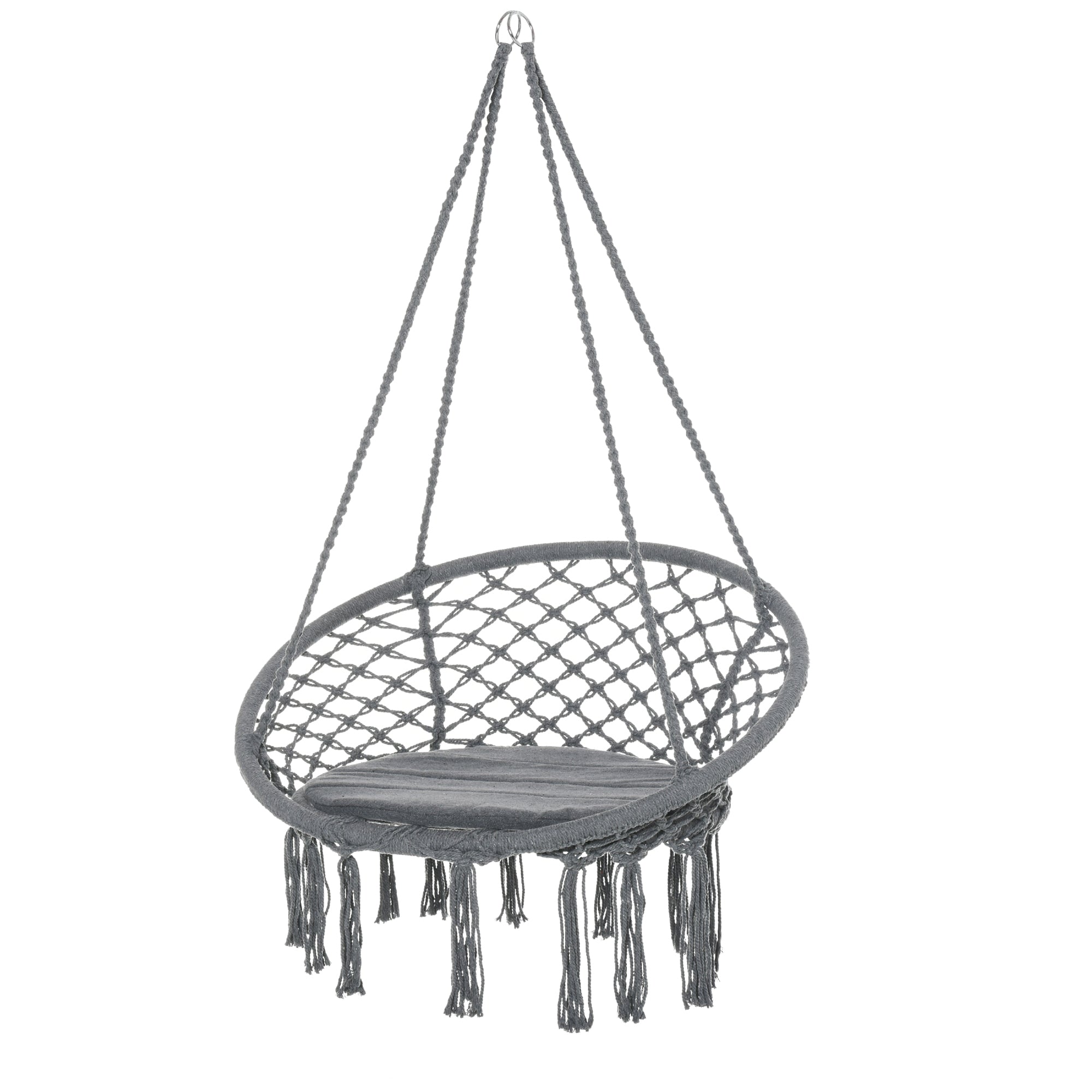 Outsunny Macrame Swing Chair: Cotton-Polyester Hanging Seat with Backrest & Tassels, Indoor & Outdoor Use, Grey