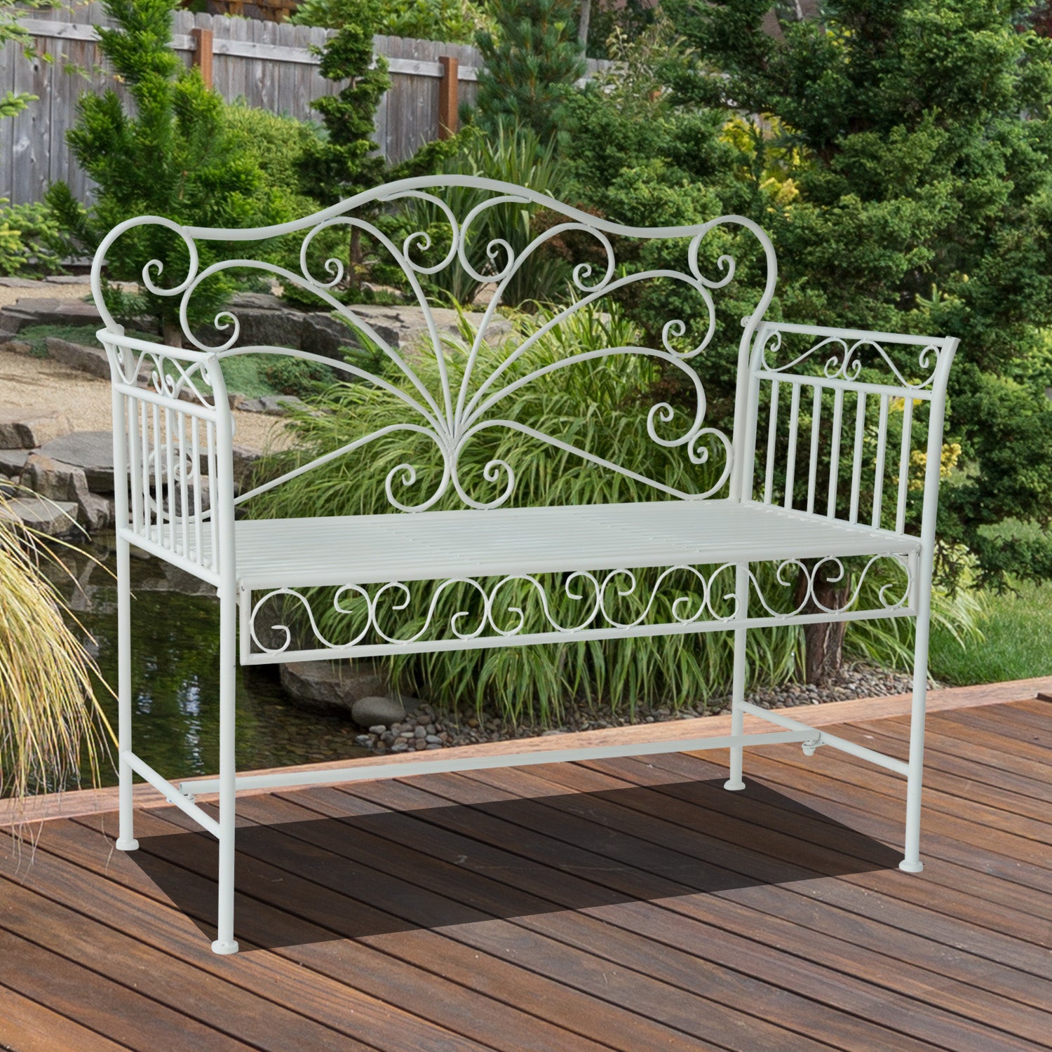 Outsunny Garden 2 Seater Metal Bench Park Seating Outdoor Furniture Chair w/ Decorative Backrest White