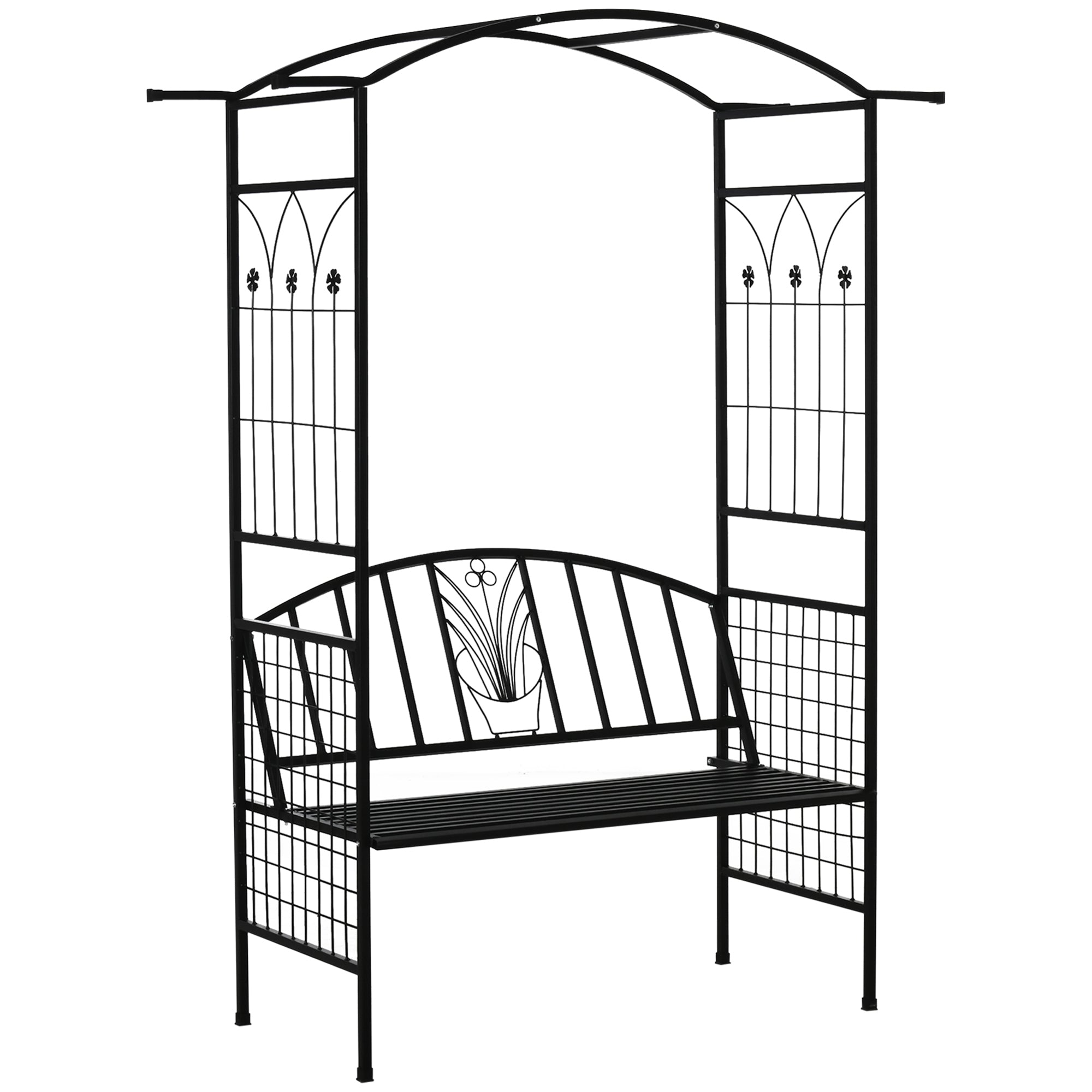 Outsunny Garden Metal Arch Arbour with Bench Love Seat Chair Outdoor Patio Rose Trellis Pergola Climbing Plant Archway Tubular - 154L x 60W x 205Hcm