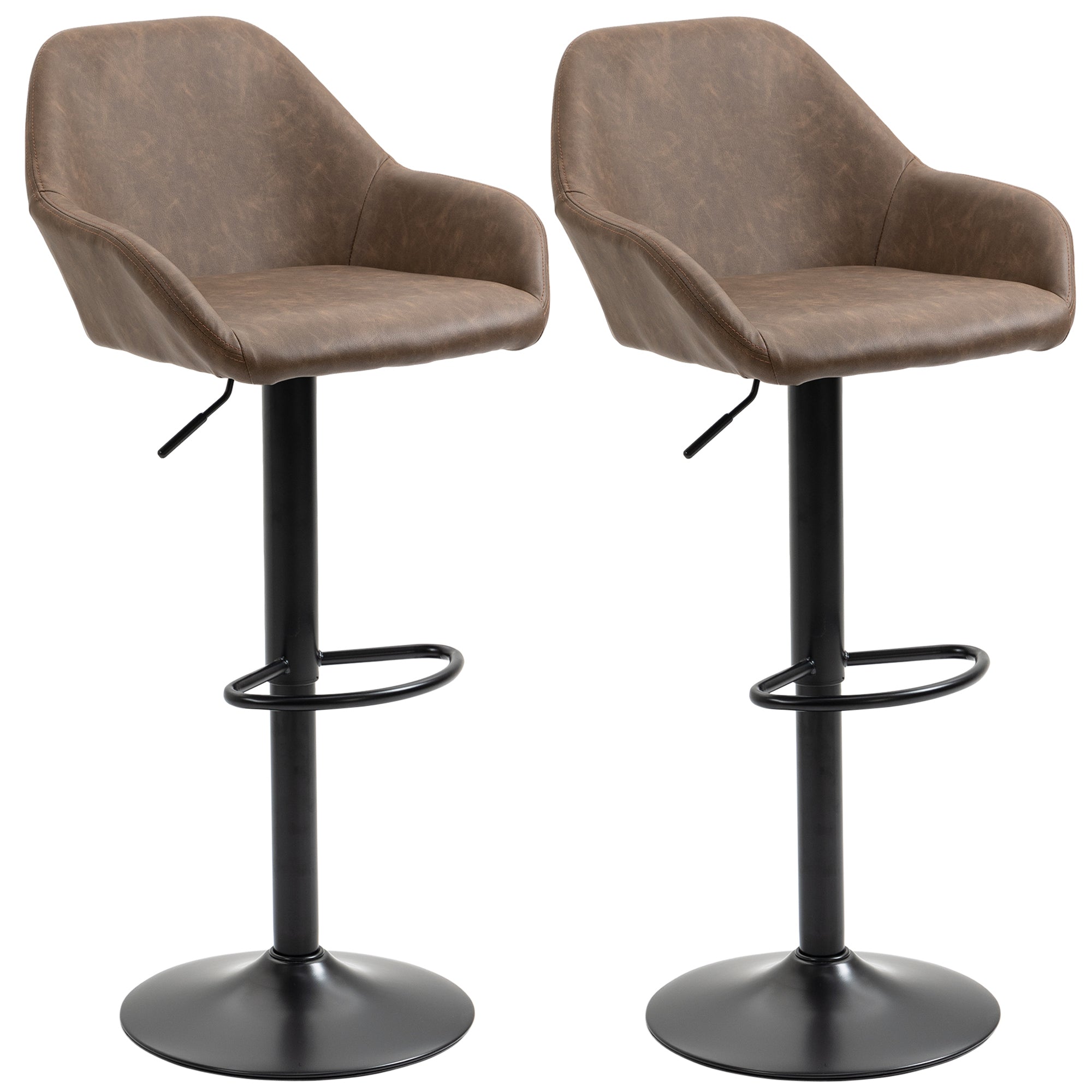 HOMCOM Adjustable Bar Stools Set of 2, Swivel Barstools with Footrest and Backrest, PU Leather Steel Base, for Kitchen Counter Dining Room Dark Brown