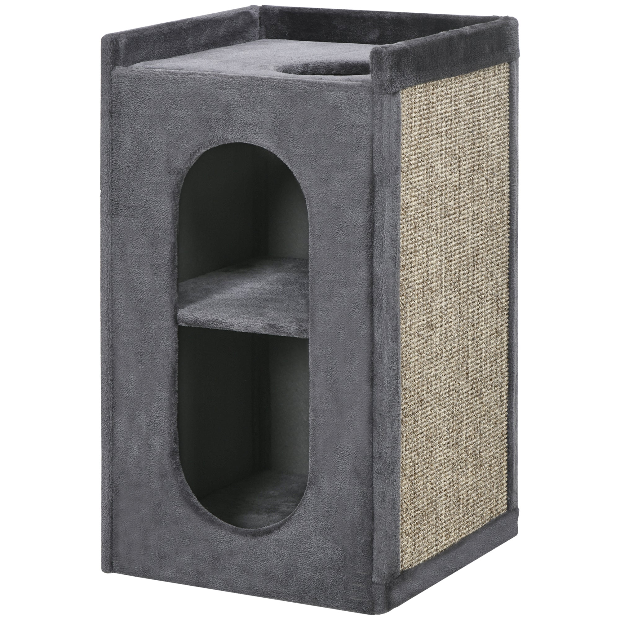 PawHut Feline Playground: Dual-Level Cat Condo with Scratching Barrel, Indoor Activity Tower for Playful Paws, Grey