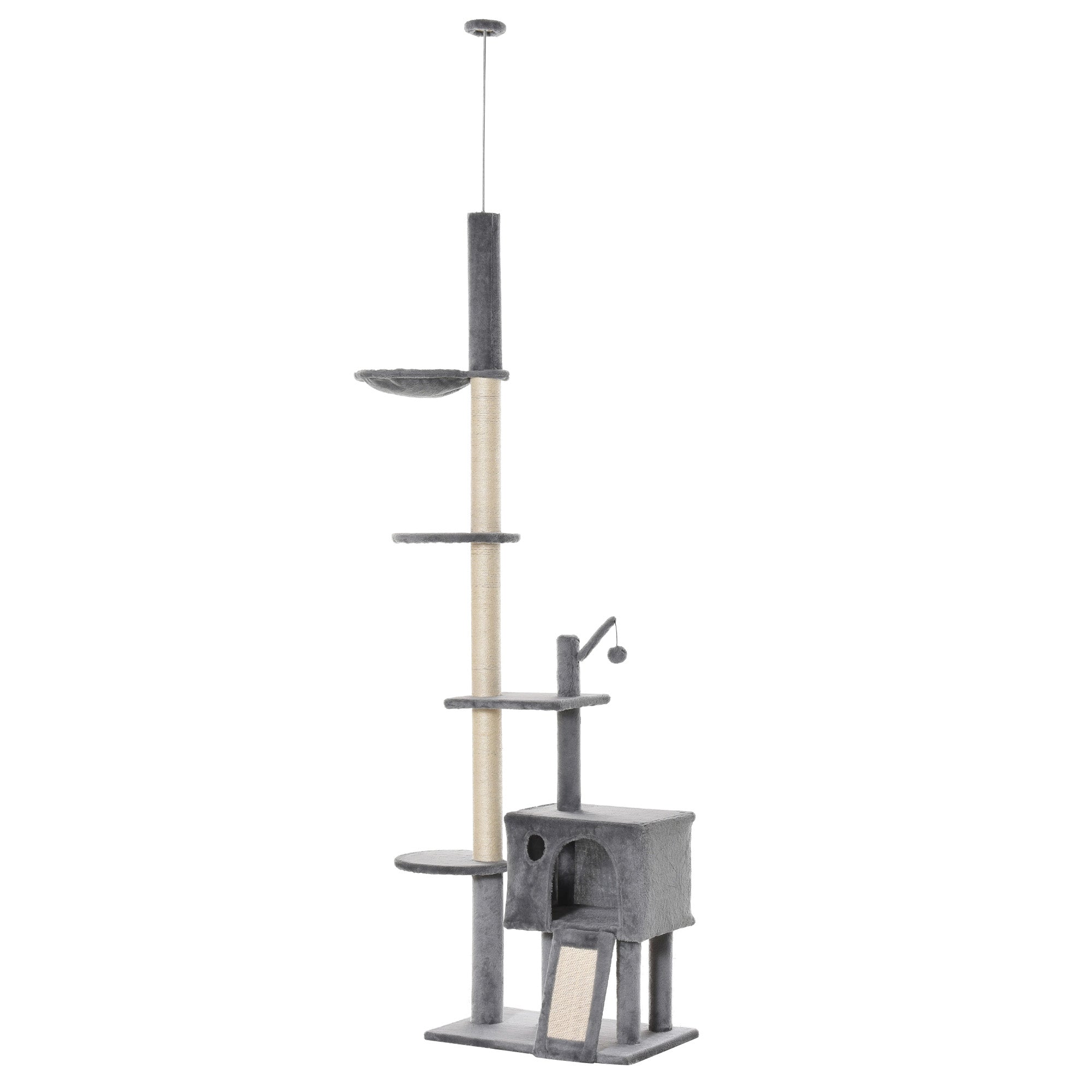 PawHut Cat Tower, 280cm Huge Activity Center Floor-to-Ceiling with Scratching Post, Hammock, Hanging Ball, Light Grey