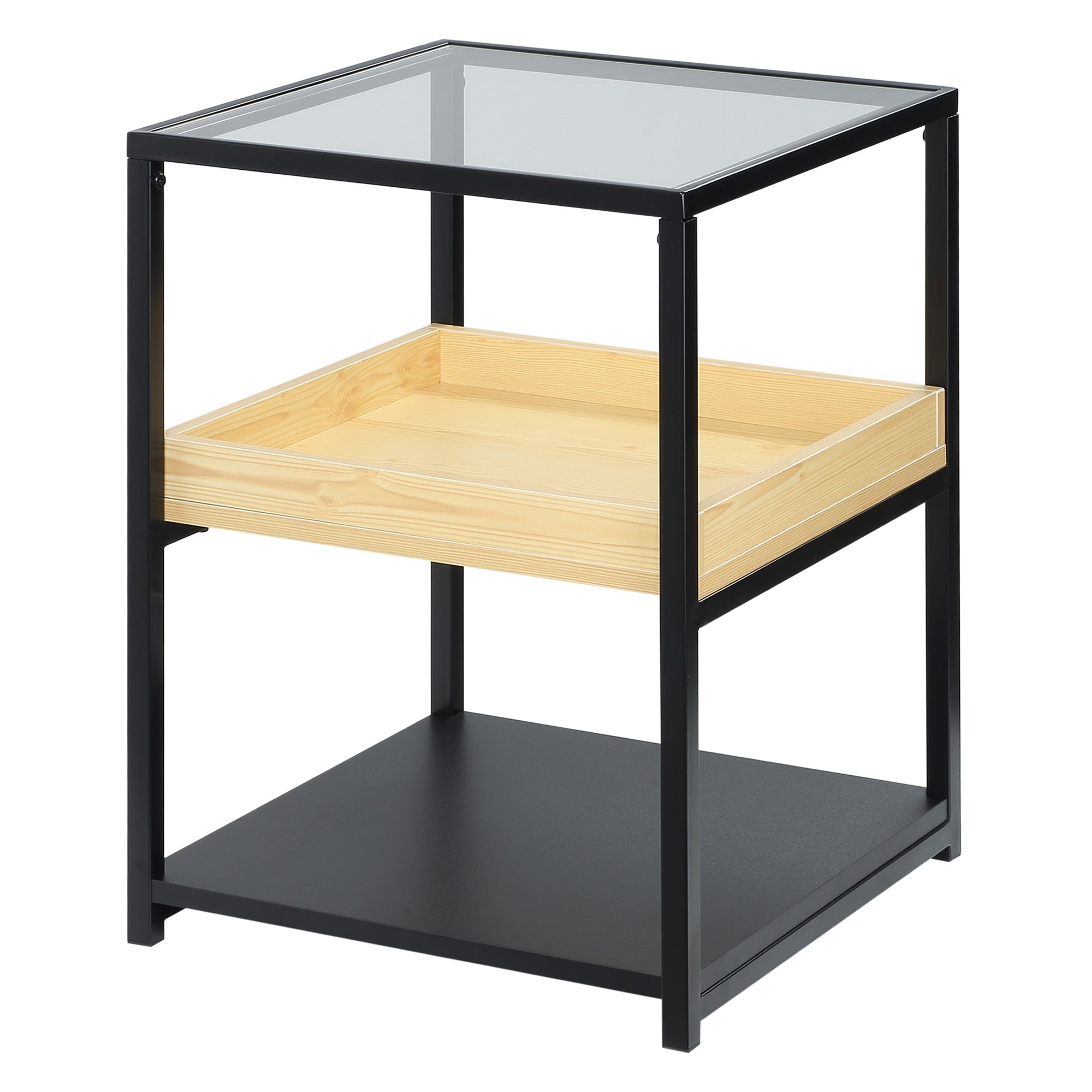 HOMCOM Glass Top Side Table: 3-Tier Nightstand with Storage Shelves, Steel Frame for Bedrooms