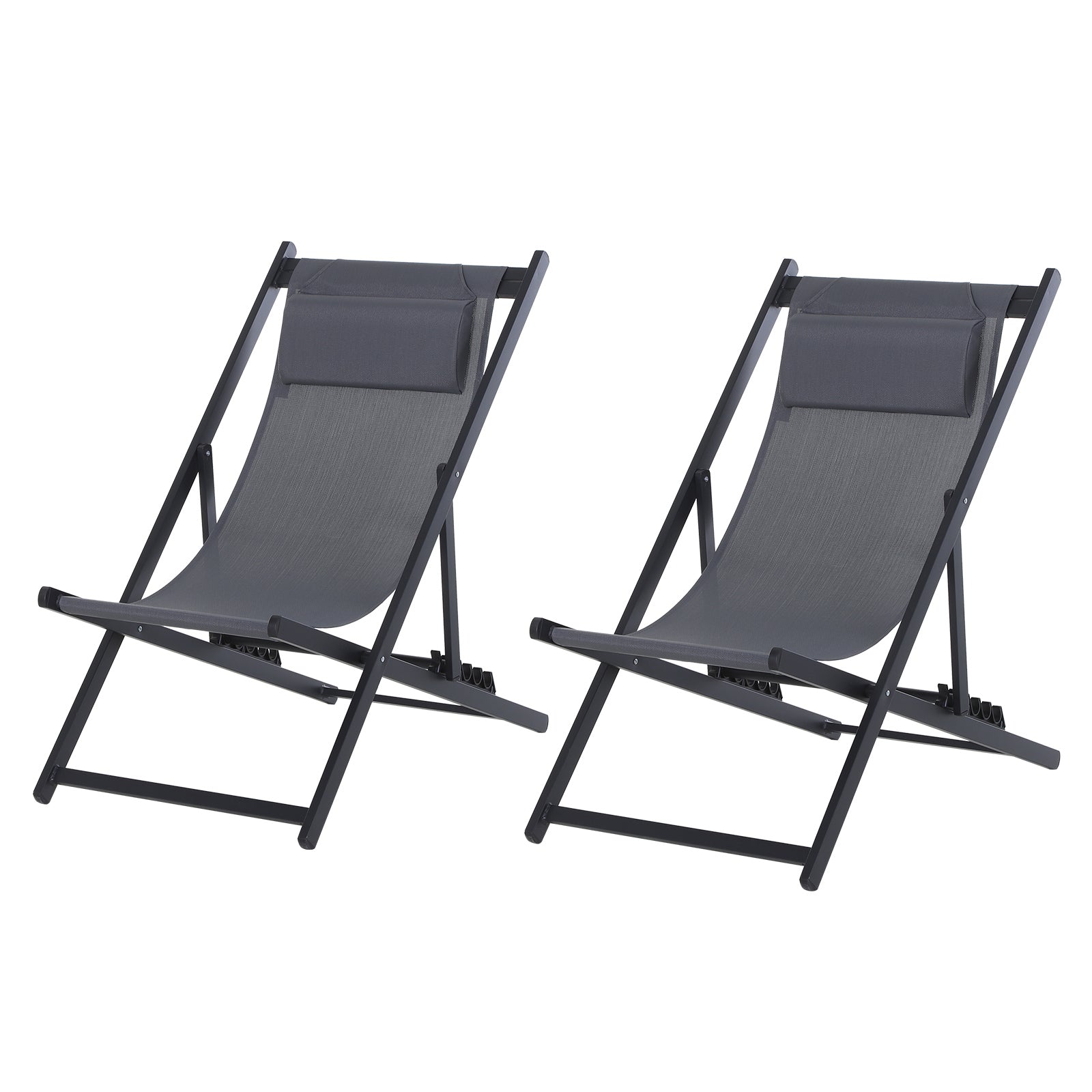 Outsunny Set of 2 Folding Garden Beach Deck Chairs Deckchairs Seaside Folding Garden Patio Lounger, Grey